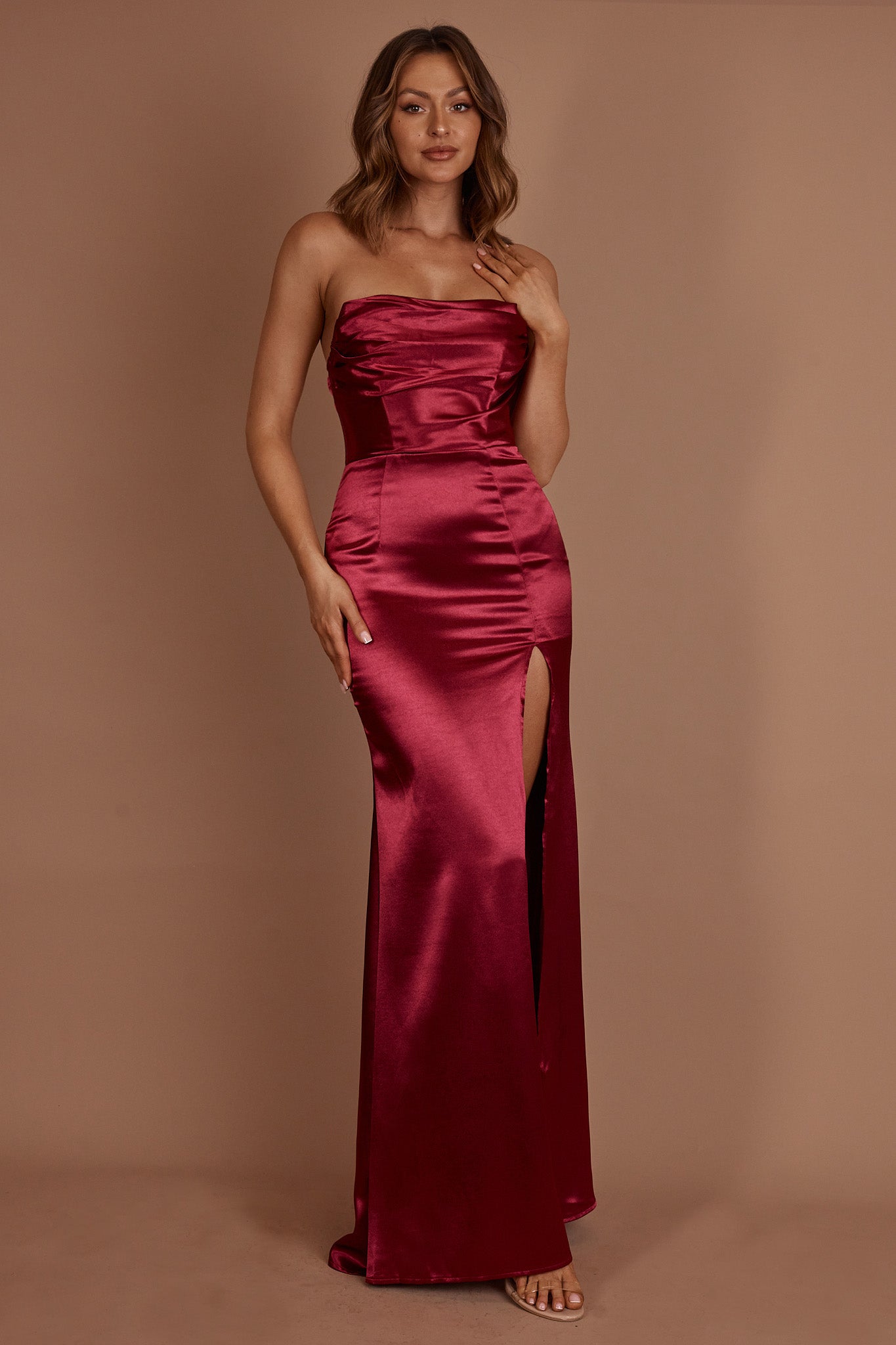 Kalisa Strapless Thigh Split Maxi Dress Burgundy-Maymioy