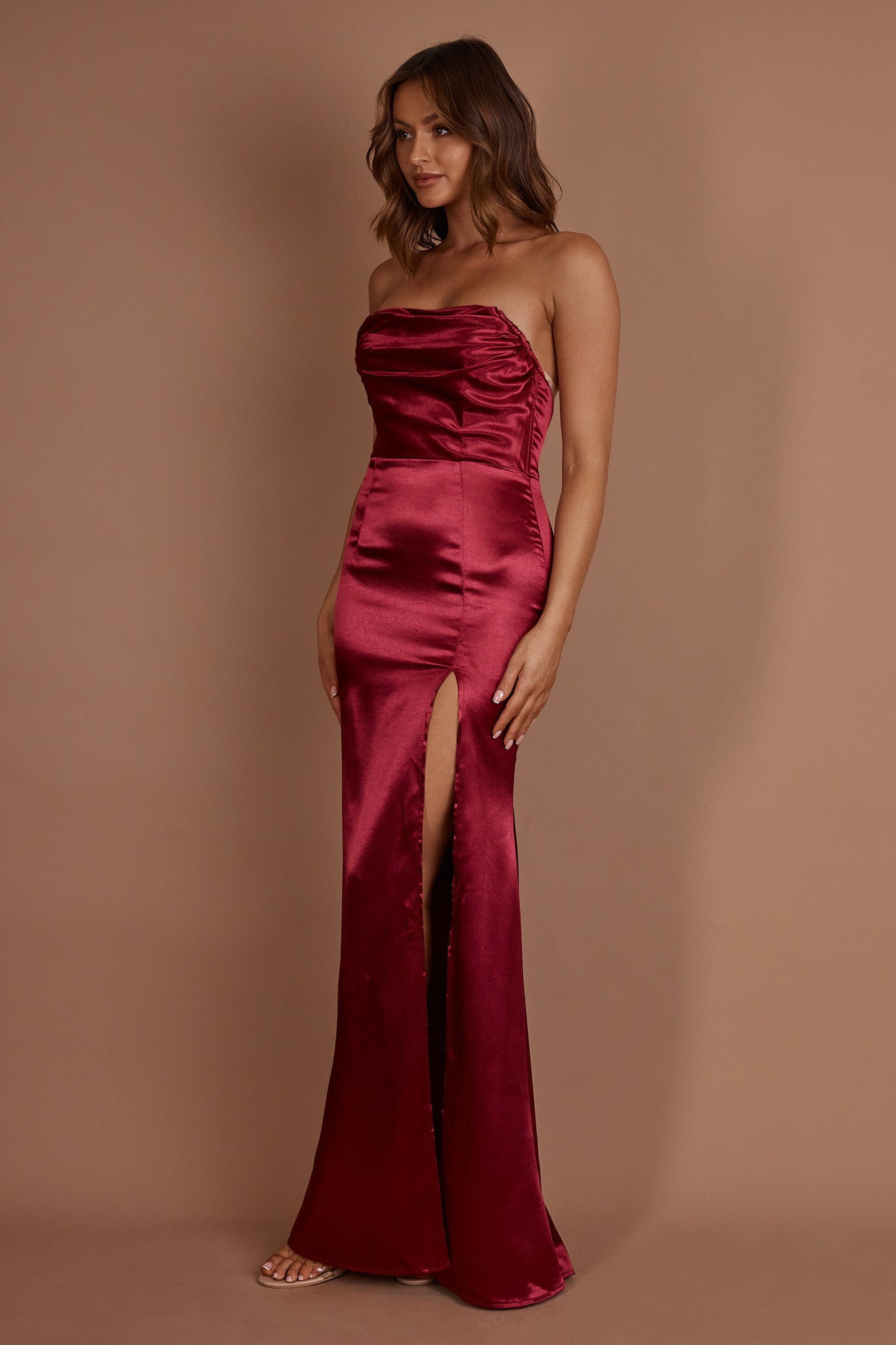 Kalisa Strapless Thigh Split Maxi Dress Burgundy-Maymioy