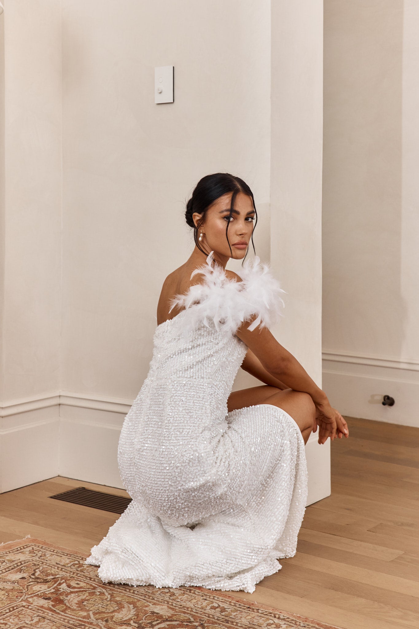 For Lovers Feather Trim Sequin Maxi Dress White-Maymioy