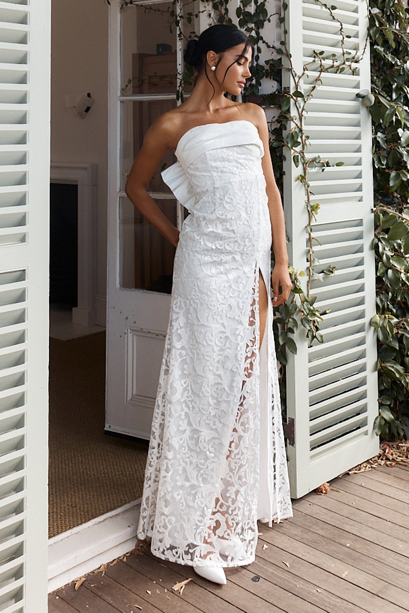 Delphina Strapless Bow Back Lace Dress Ivory-Maymioy