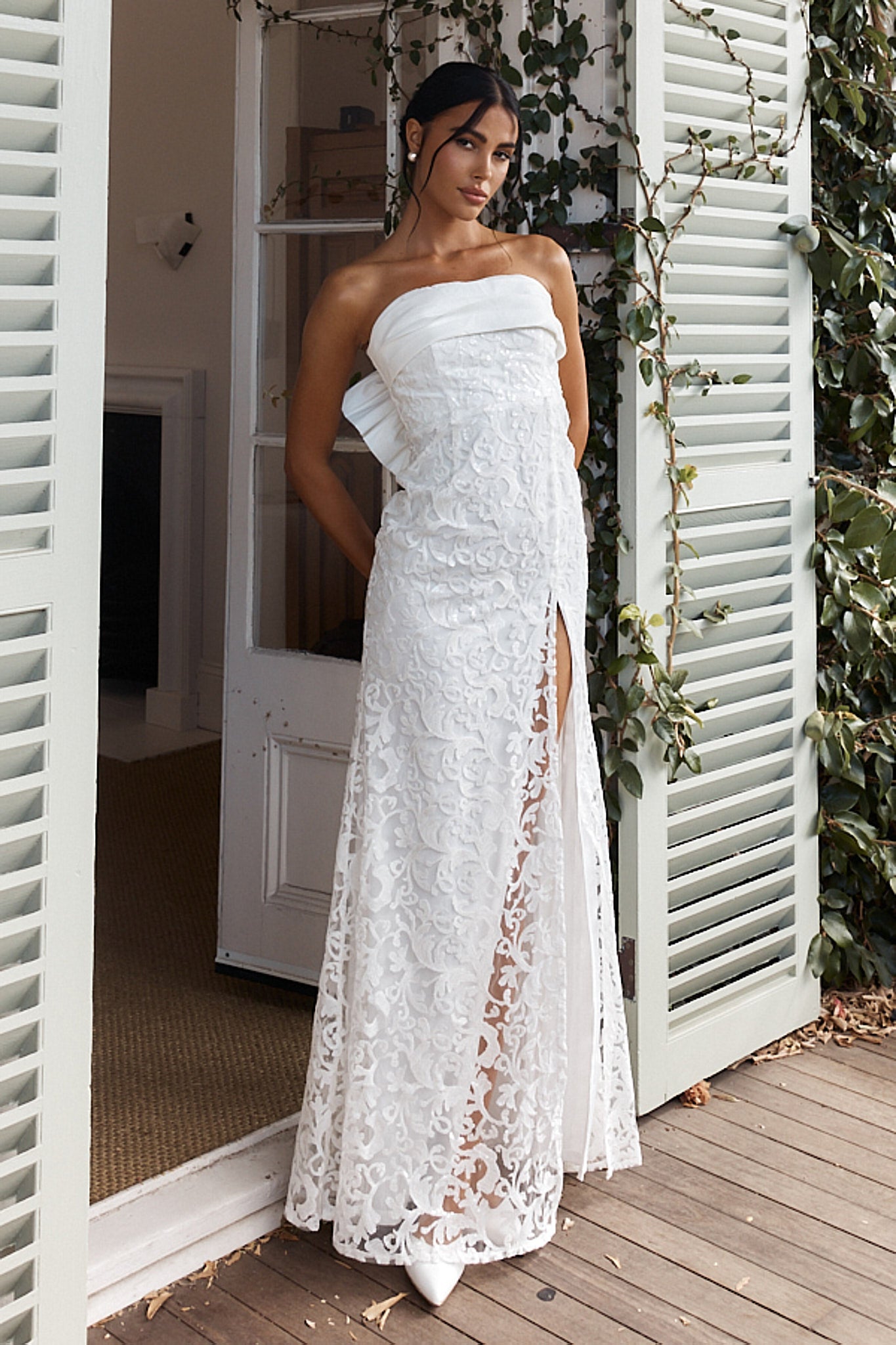 Delphina Strapless Bow Back Lace Dress Ivory-Maymioy