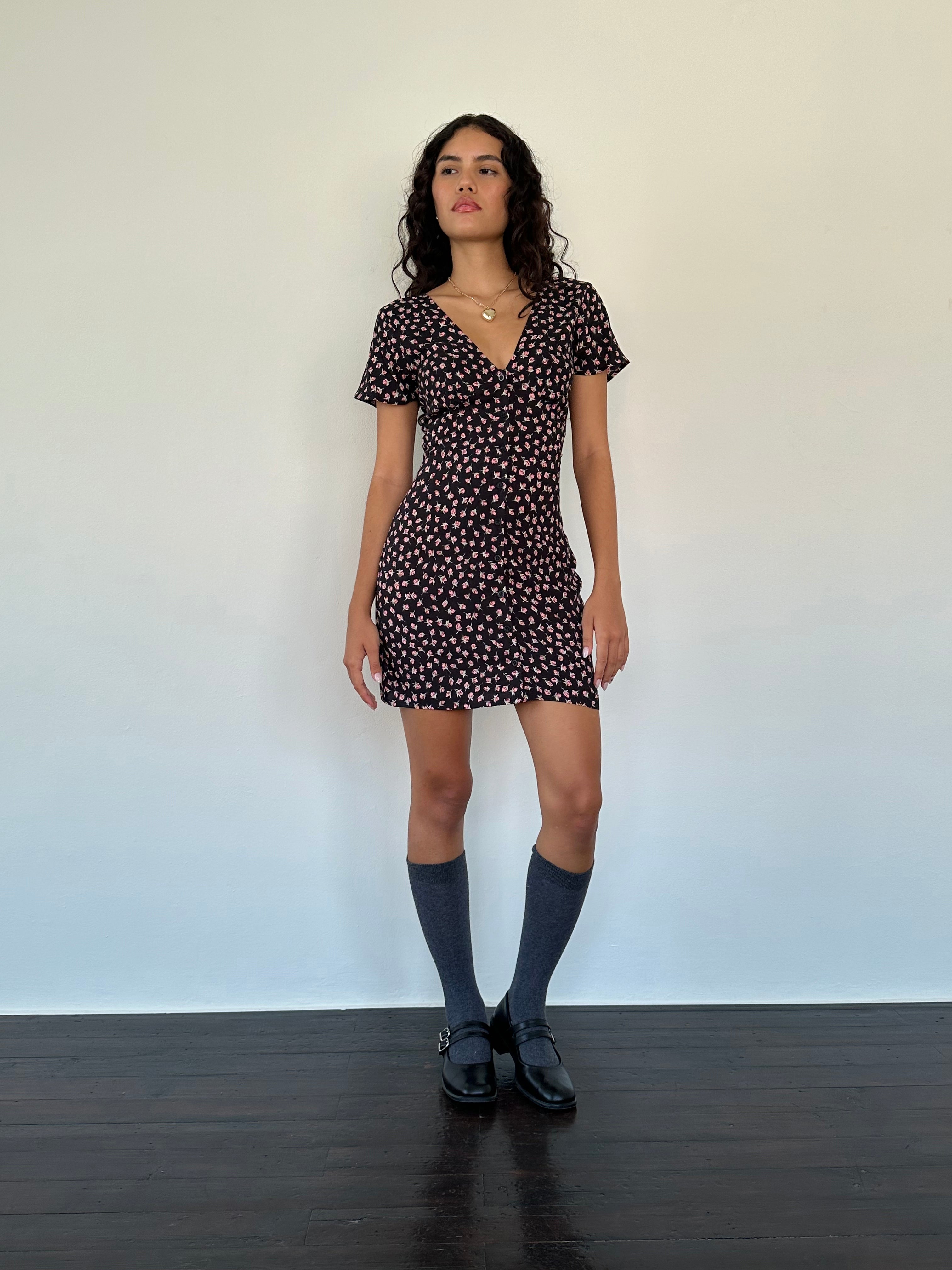 Field Trip Button Front Mini Dress Black Floral-Maymioy
