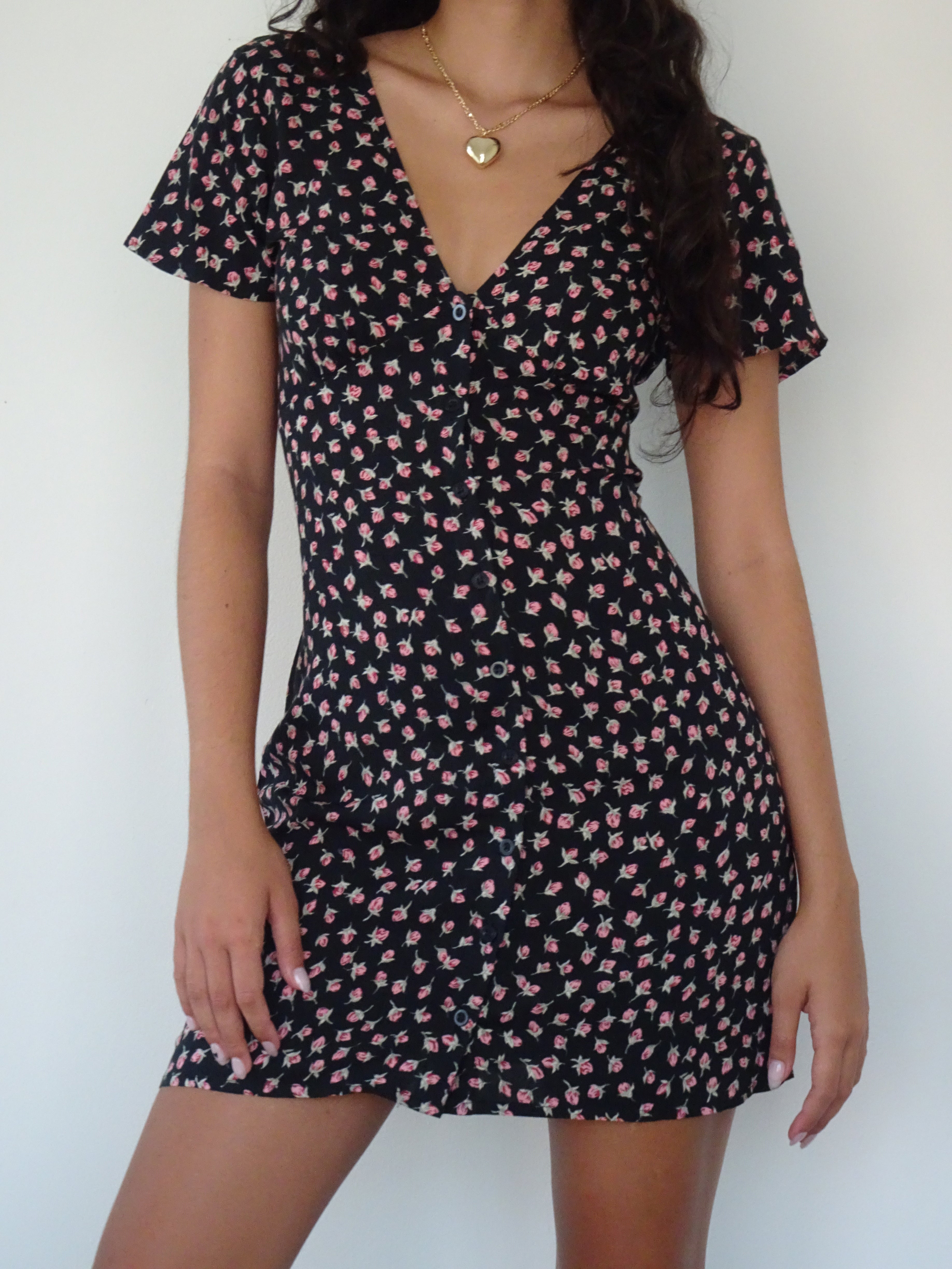 Field Trip Button Front Mini Dress Black Floral-Maymioy