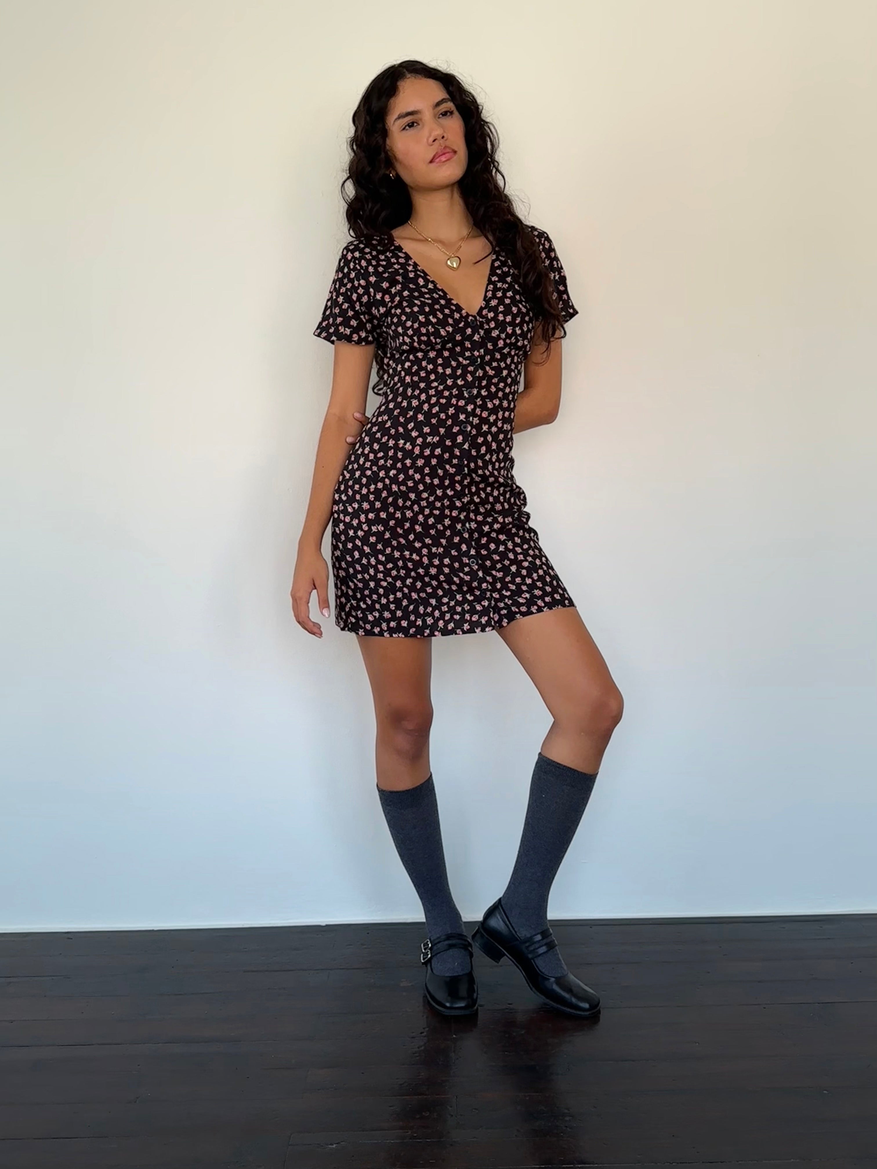 Field Trip Button Front Mini Dress Black Floral-Maymioy