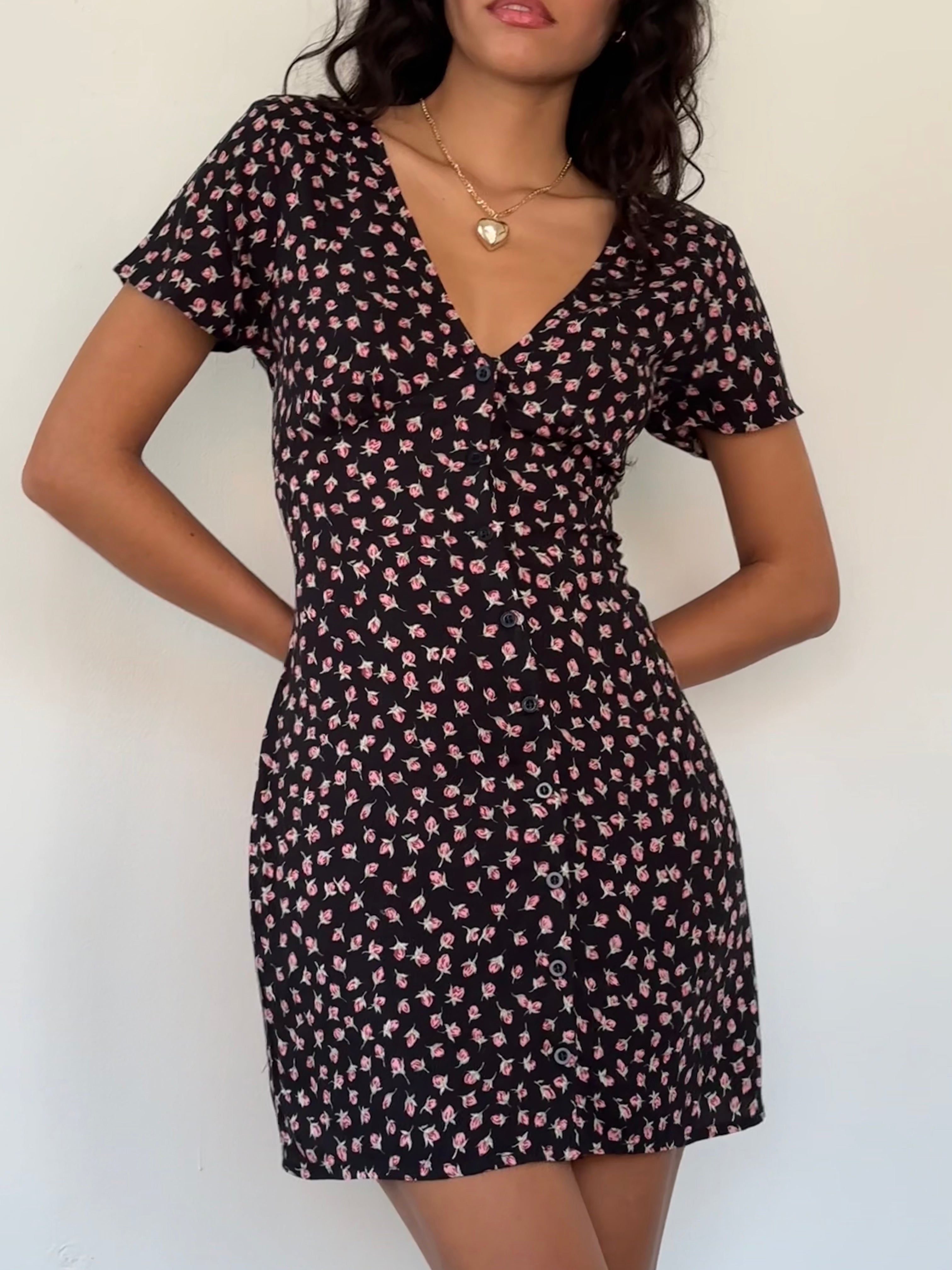 Field Trip Button Front Mini Dress Black Floral-Maymioy