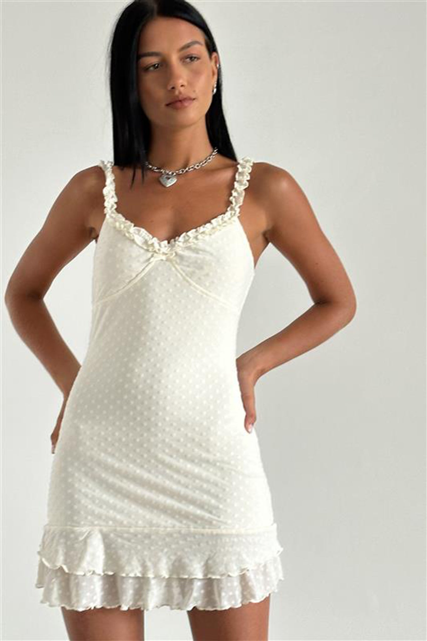 Riri Frill Strap Textured Mini Dress Ivory-Maymioy
