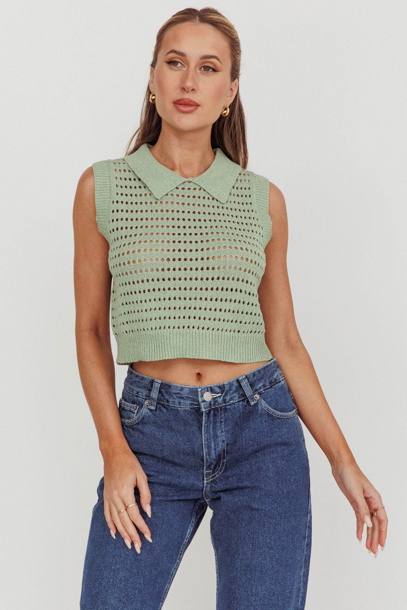 Daithi Collared Sleeveless Knit Top Mint-Maymioy