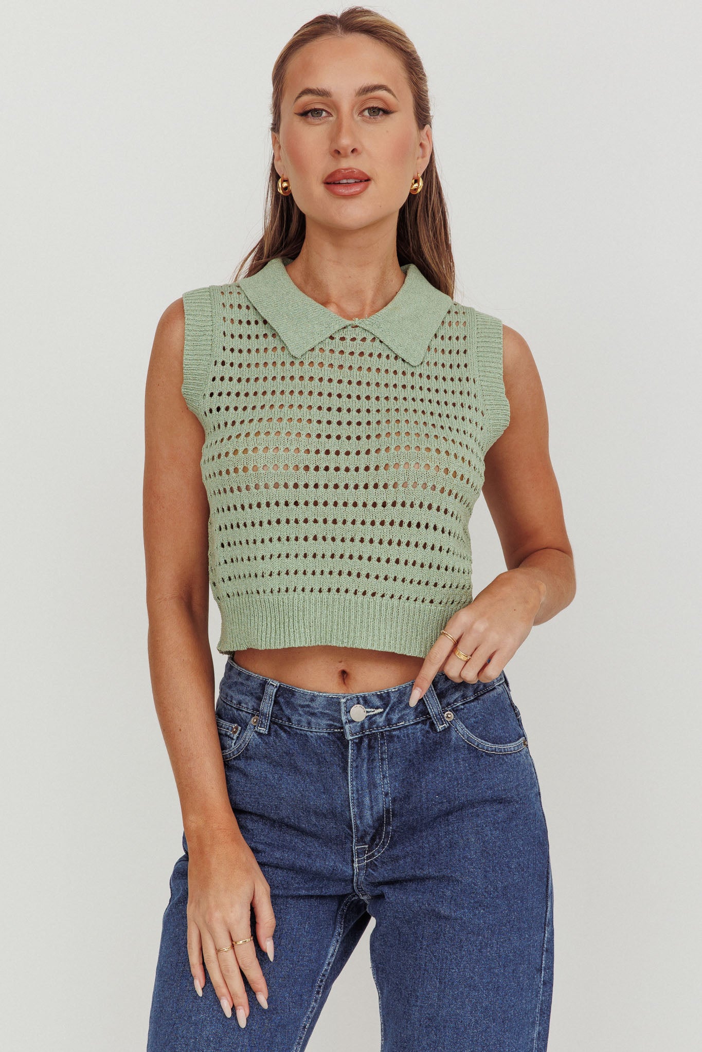 Daithi Collared Sleeveless Knit Top Mint-Maymioy