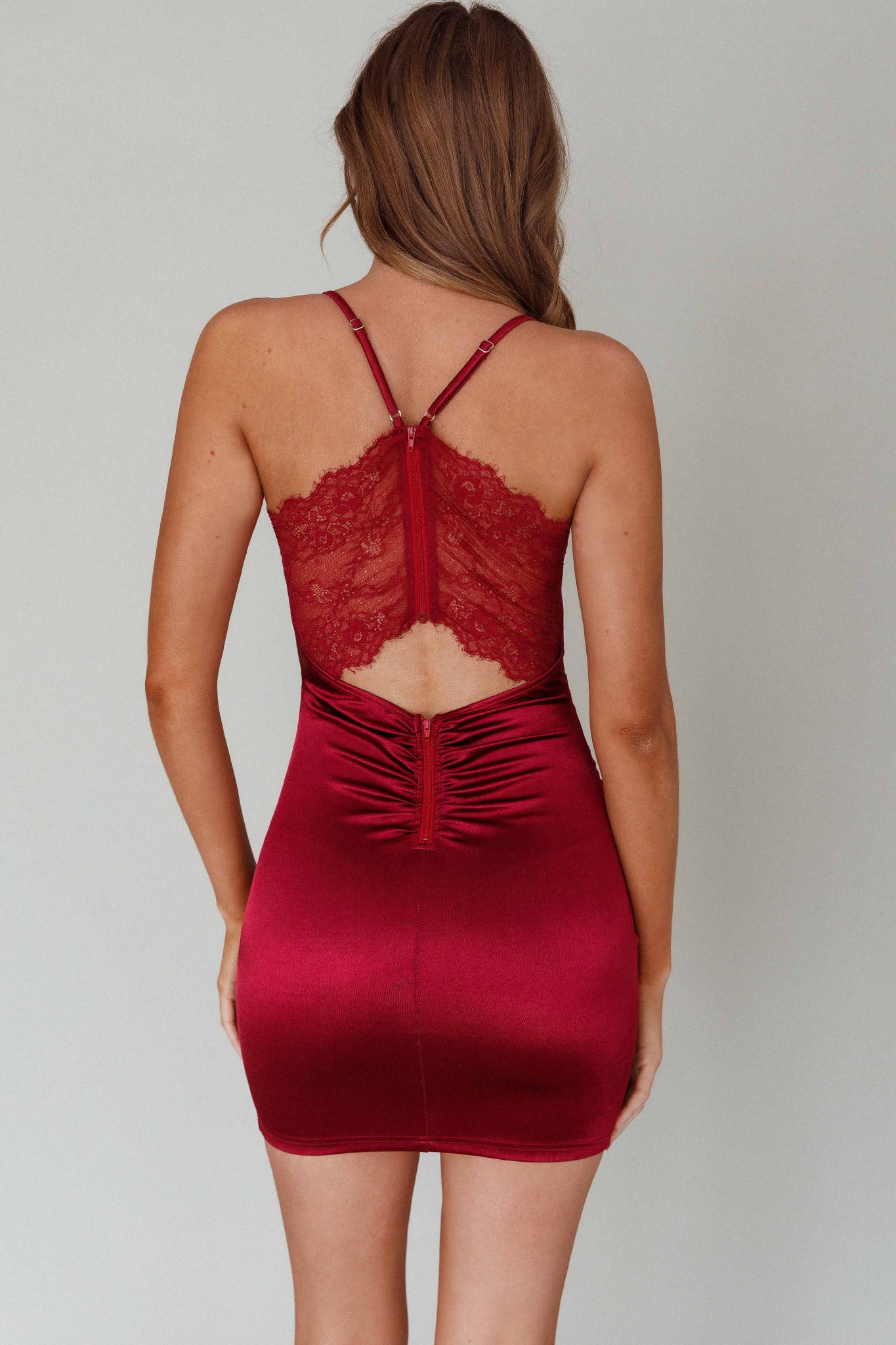 Michi Lace Back Mini Dress Burgundy-Maymioy