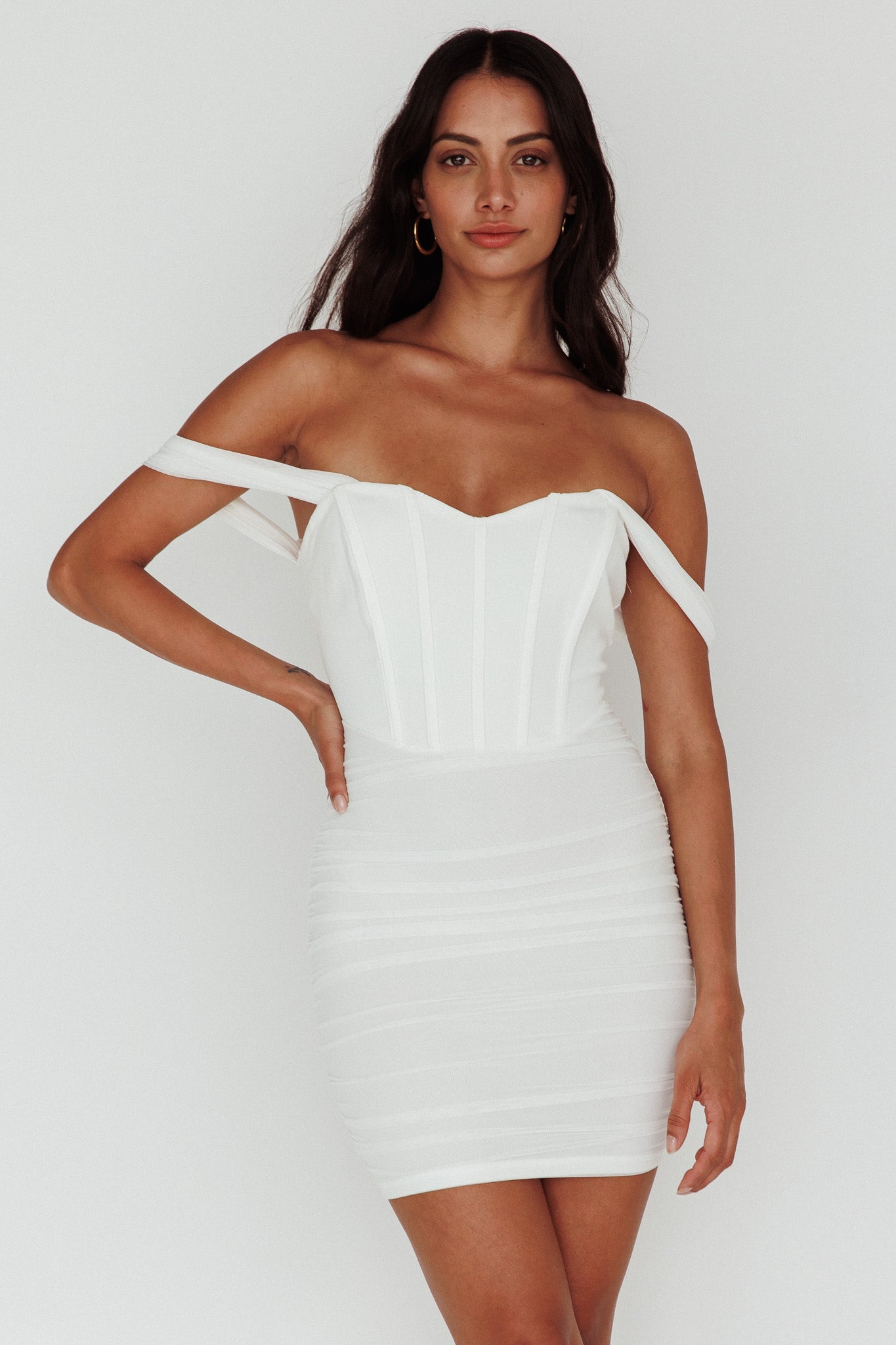 Santana Off-Shoulder Corset Mini Dress Ivory-Maymioy