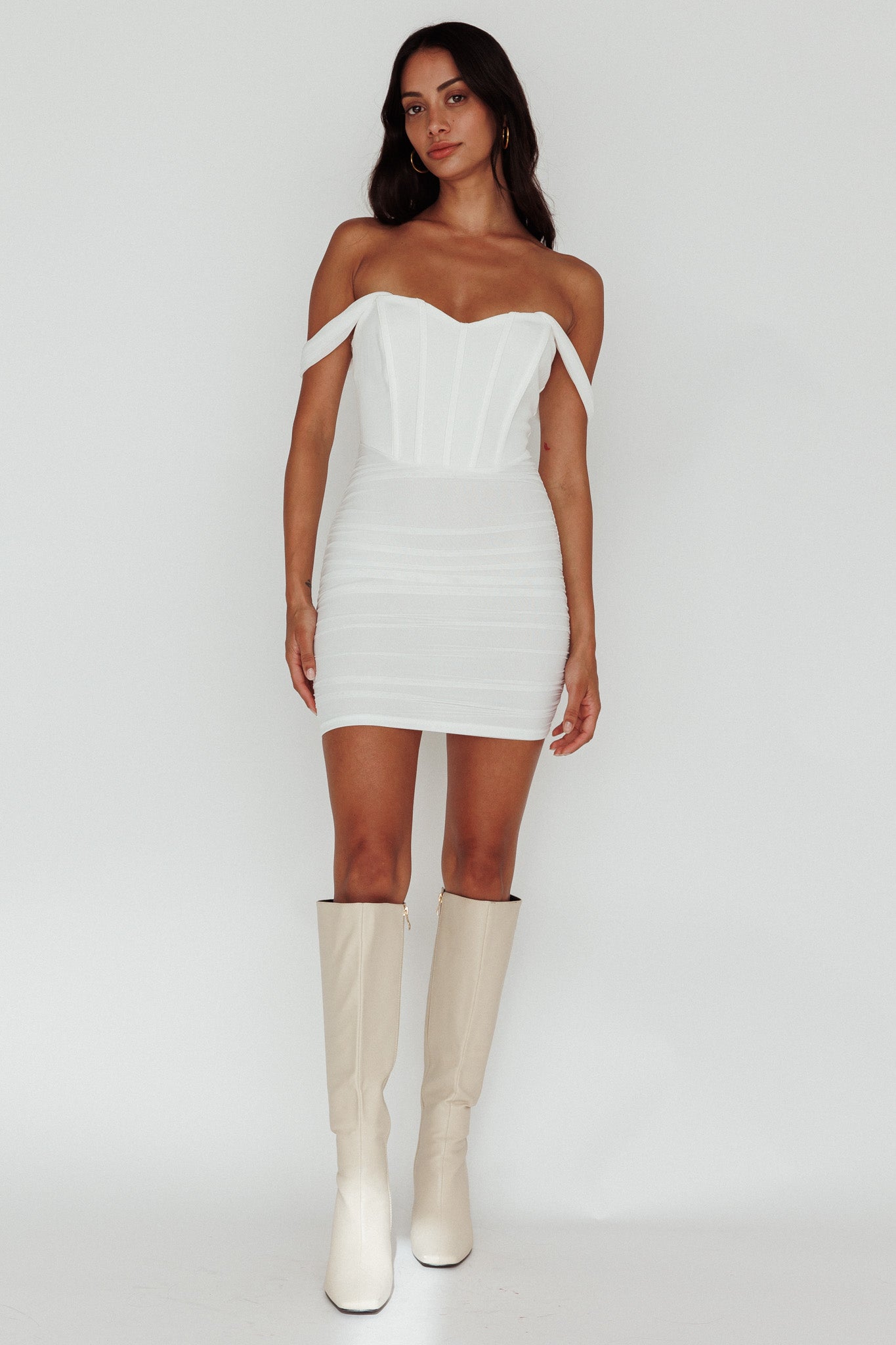 Santana Off-Shoulder Corset Mini Dress Ivory-Maymioy