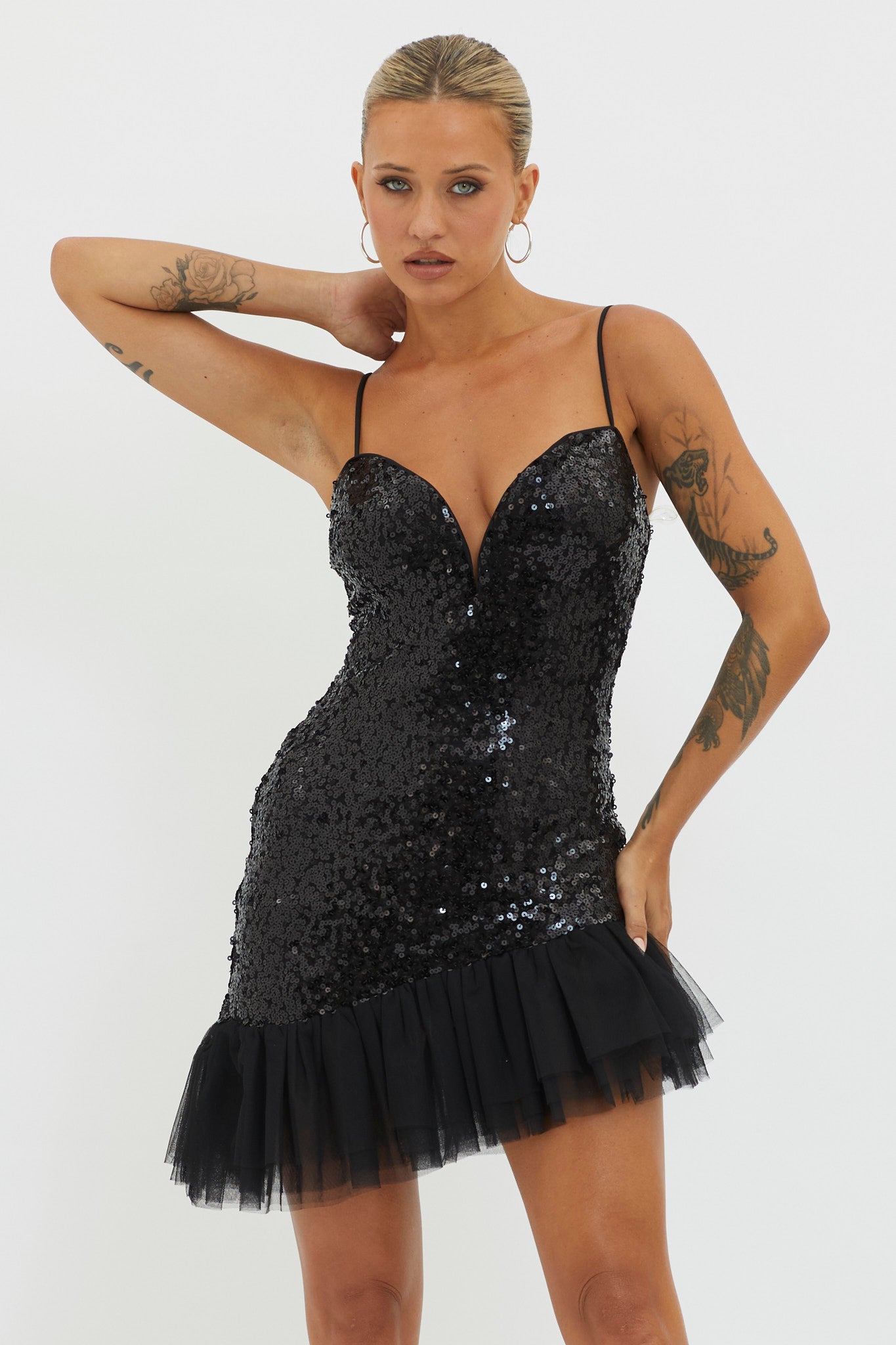 Sassafras Tulle Hem Sequin Mini Dress Black-Maymioy