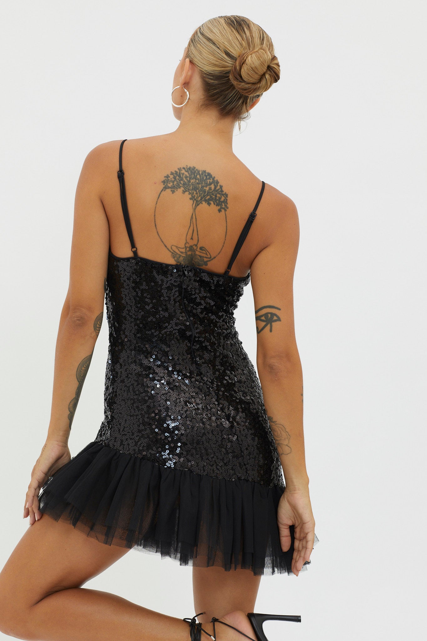 Sassafras Tulle Hem Sequin Mini Dress Black-Maymioy