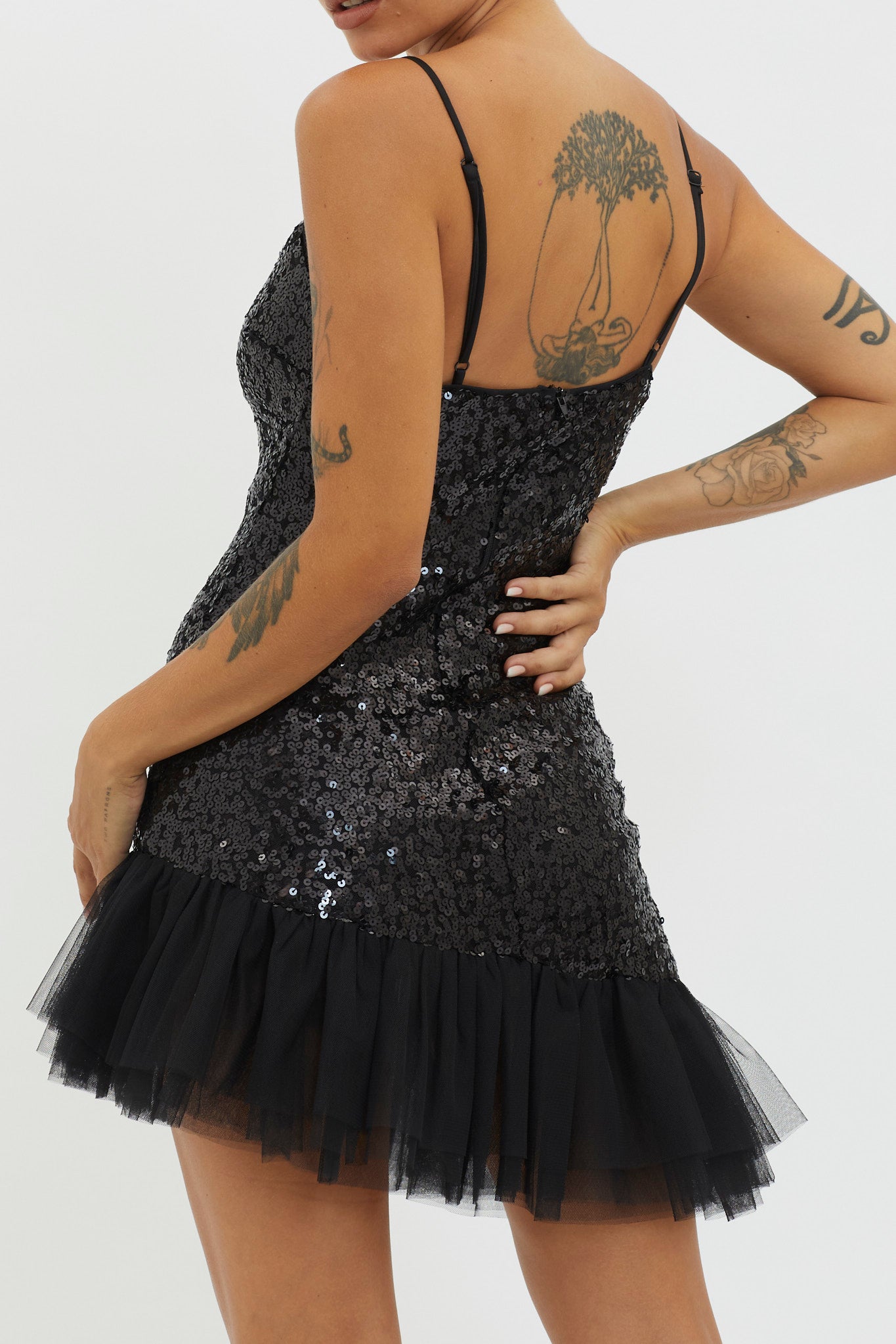 Sassafras Tulle Hem Sequin Mini Dress Black-Maymioy