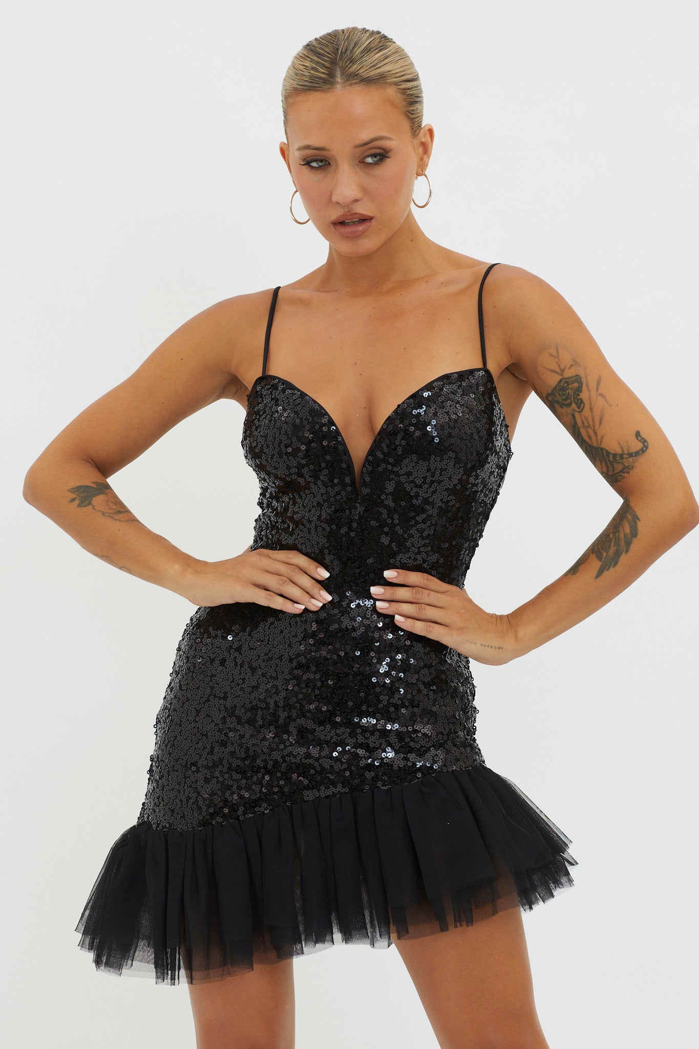 Sassafras Tulle Hem Sequin Mini Dress Black-Maymioy