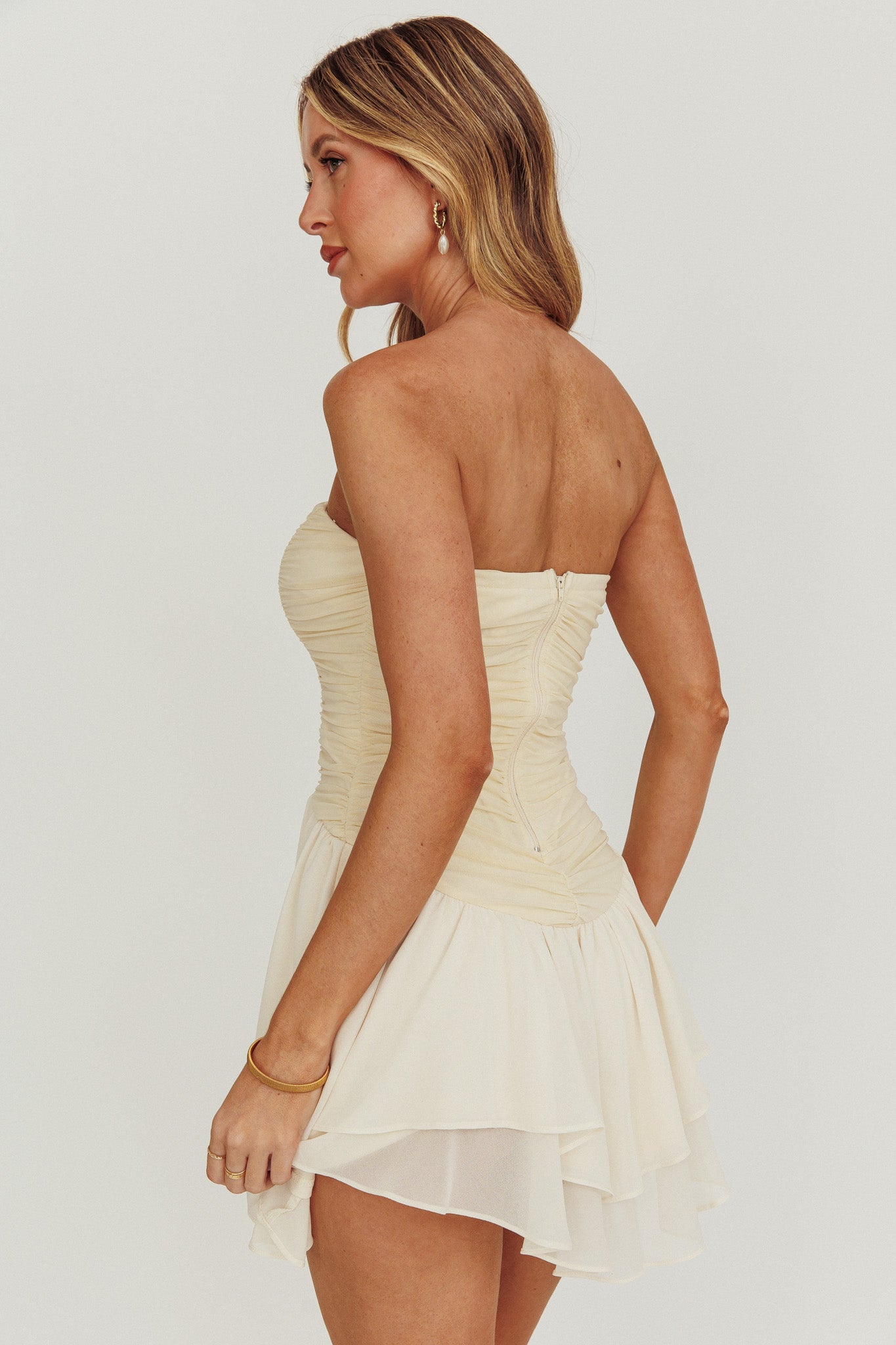 Cherry Lips Strapless Chiffon Mini Dress Cream-Maymioy