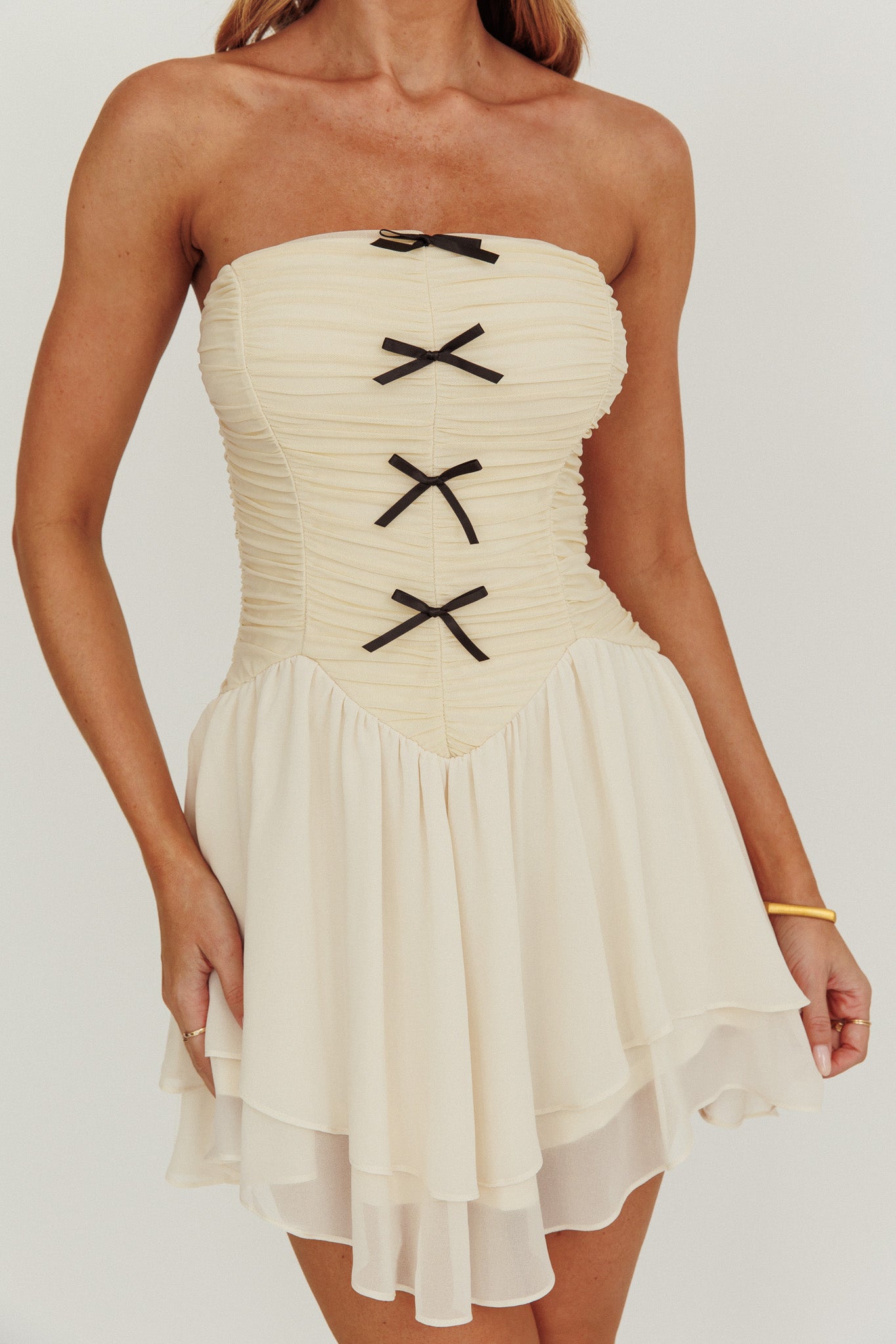 Cherry Lips Strapless Chiffon Mini Dress Cream-Maymioy