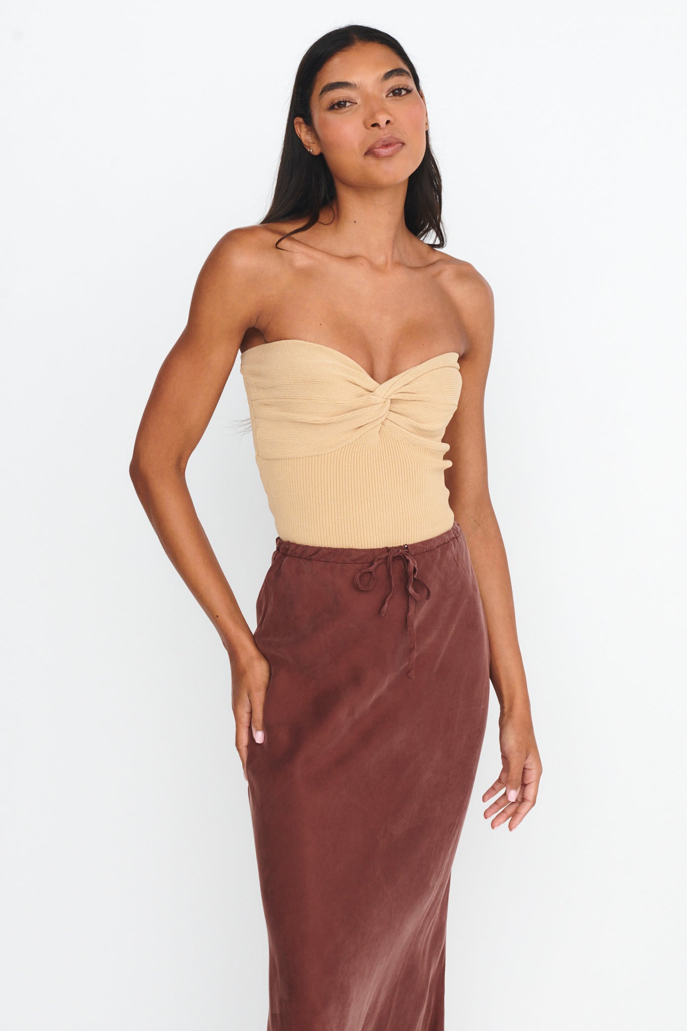 Teagan Strapless Ribbed Knit Top Beige-Maymioy