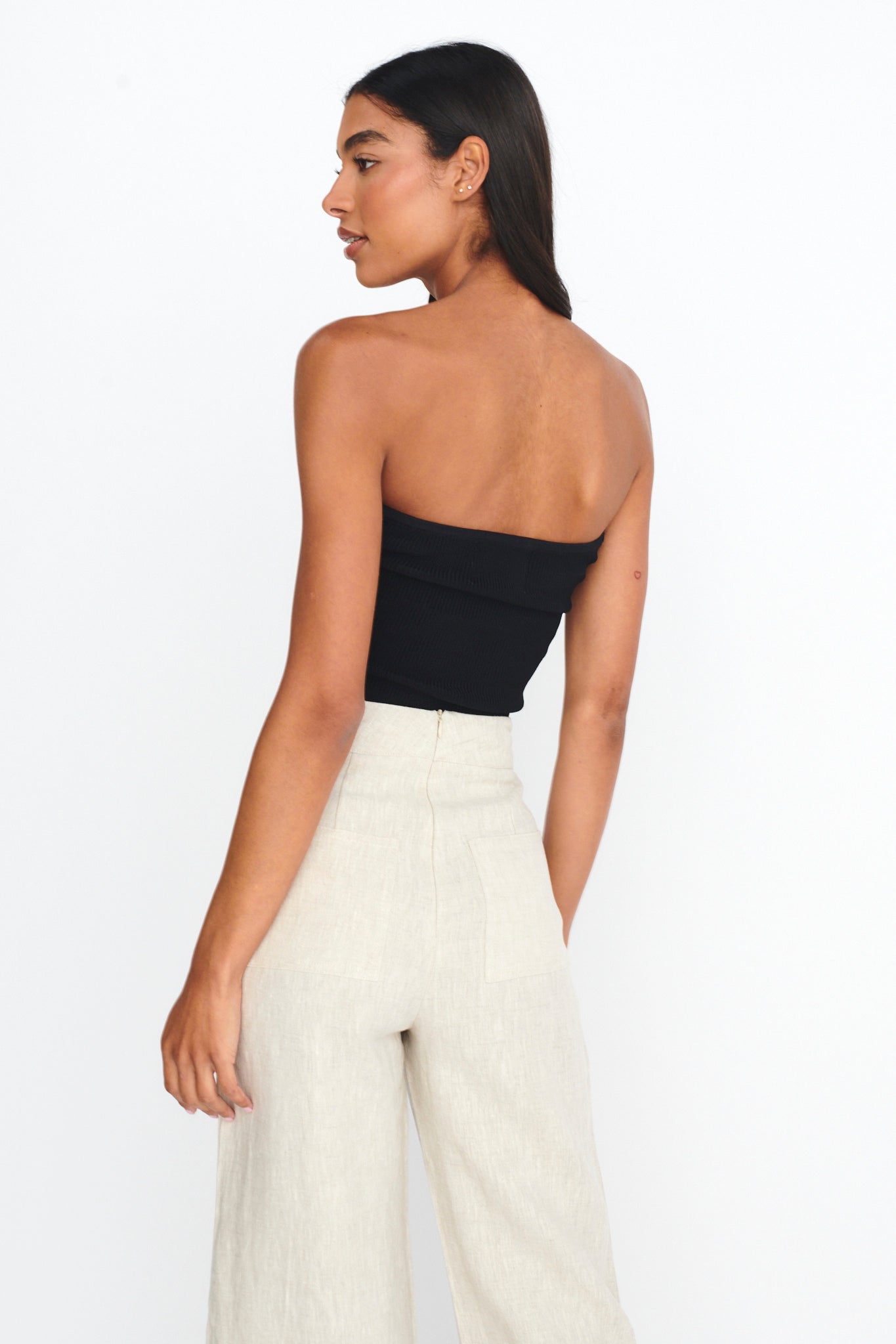 Teagan Strapless Ribbed Knit Top Black-Maymioy