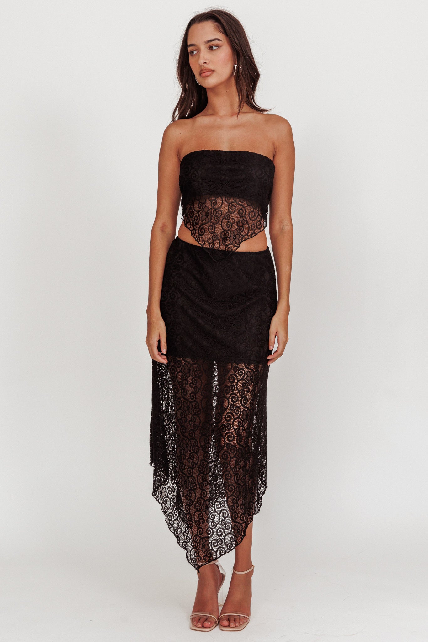 Sweet Words V-Hem Lace Midi Skirt Black-Maymioy