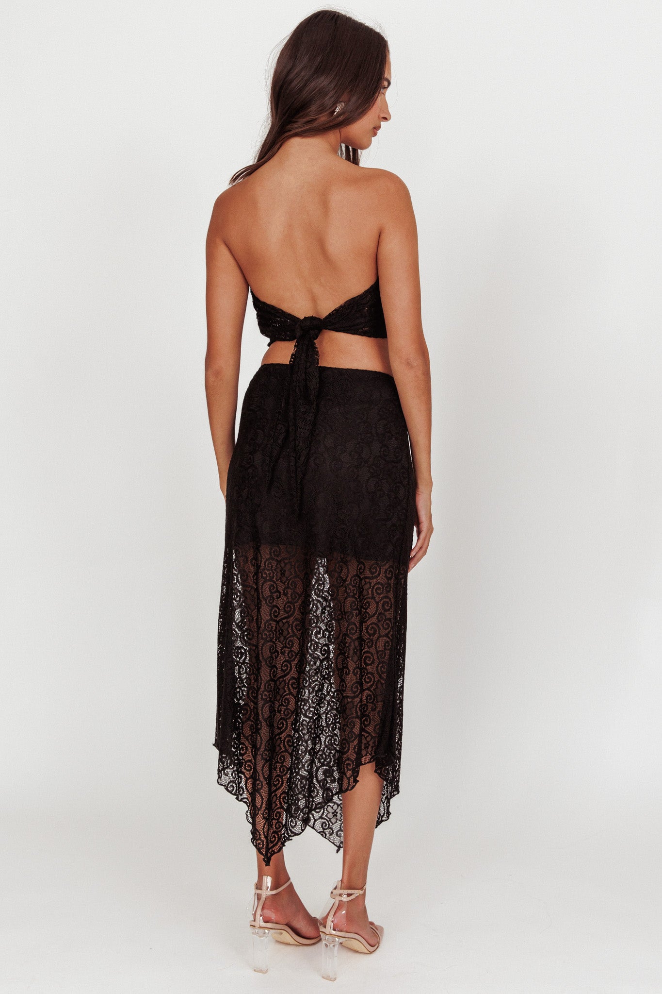 Sweet Words V-Hem Lace Midi Skirt Black-Maymioy