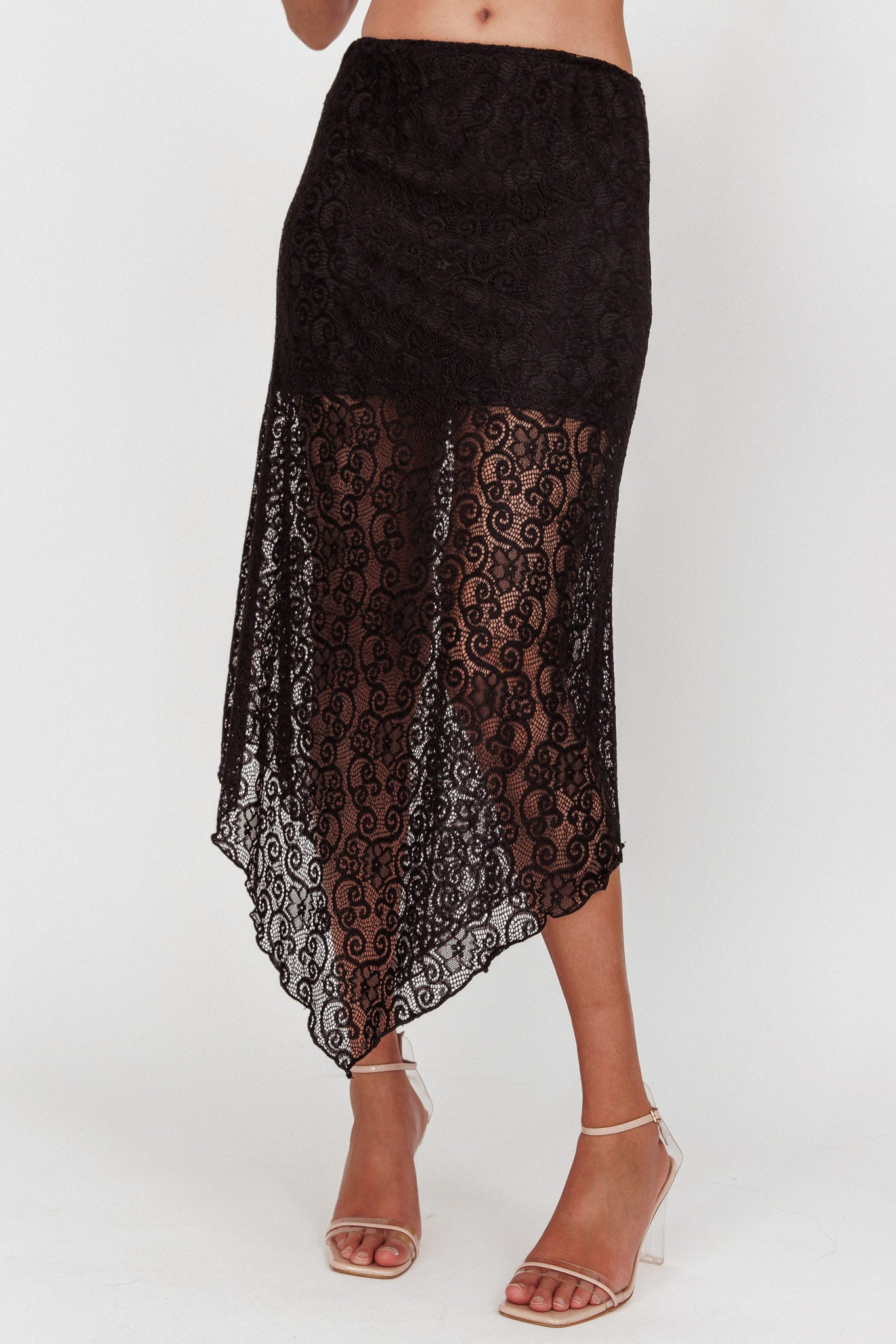 Sweet Words V-Hem Lace Midi Skirt Black-Maymioy
