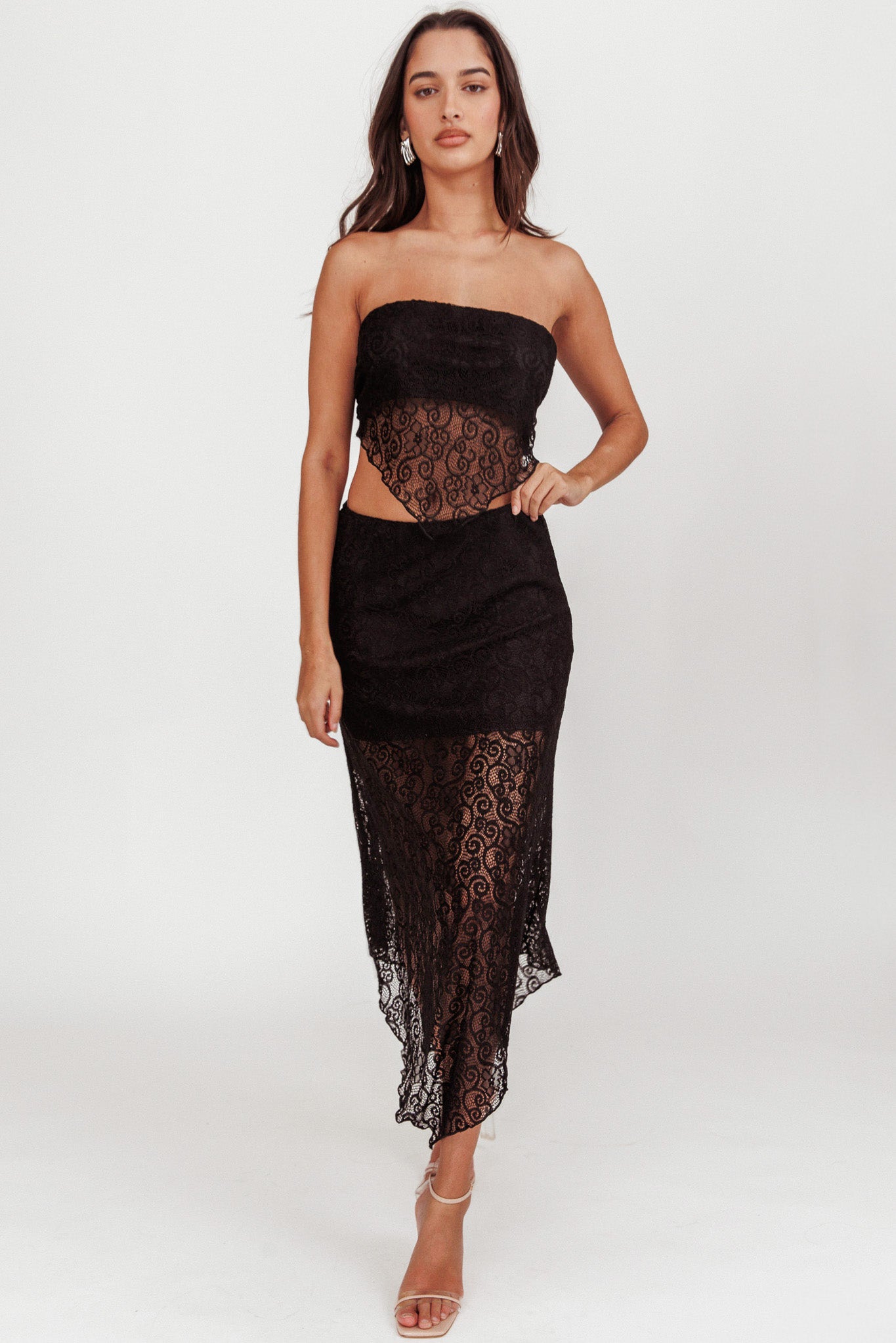 Sweet Words V-Hem Lace Midi Skirt Black-Maymioy