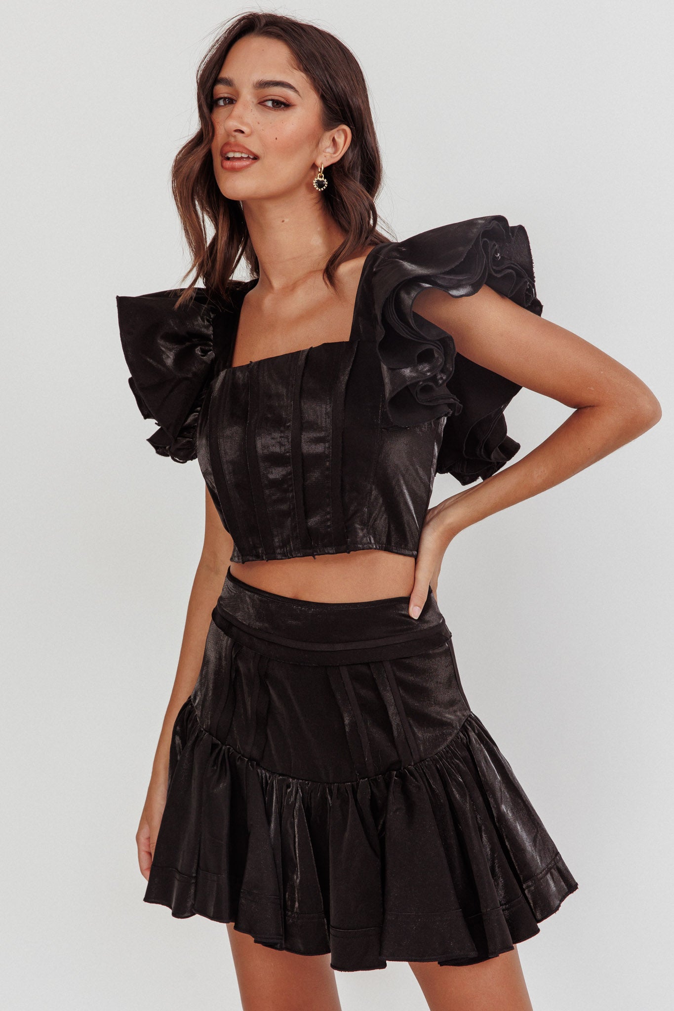 Debutante Ruffle Sleeve Crop Top Black-Maymioy