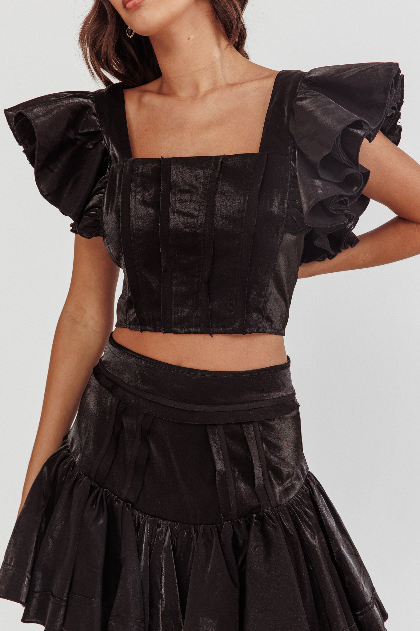 Debutante Ruffle Sleeve Crop Top Black-Maymioy