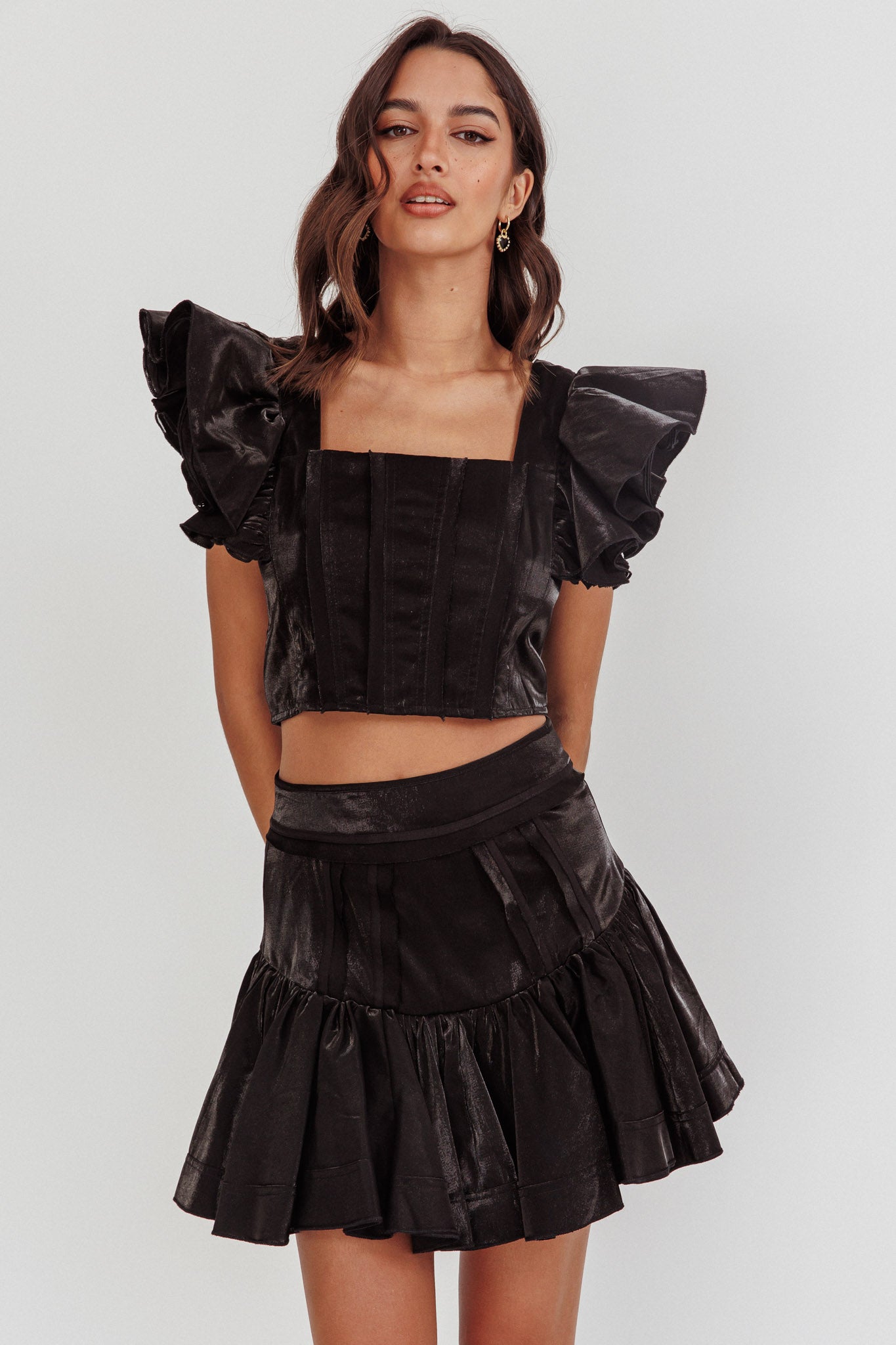 Debutante Drop Yoke Ruffle Skirt Black-Maymioy