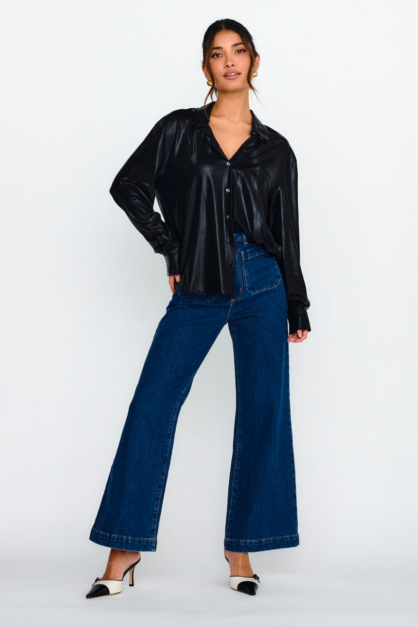 Benni Long Sleeve Button-Up Shirt Black-Maymioy