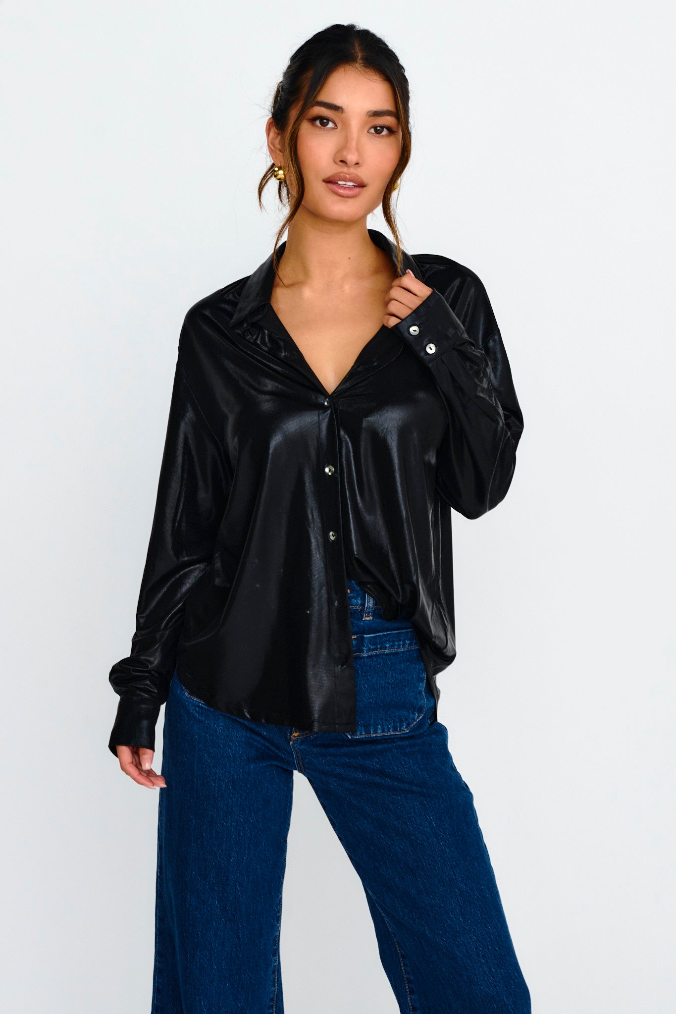 Benni Long Sleeve Button-Up Shirt Black-Maymioy