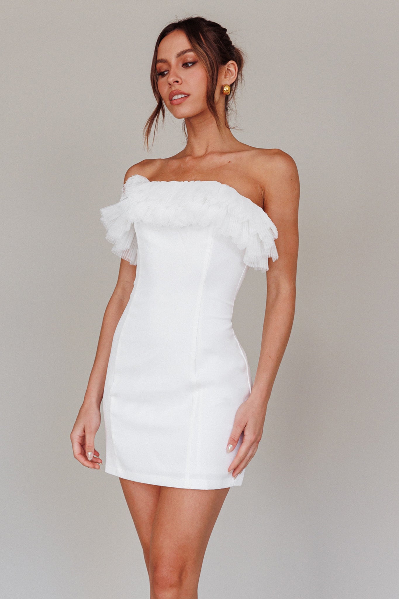 Elara Frill Neckline Mini Dress Off White-Maymioy