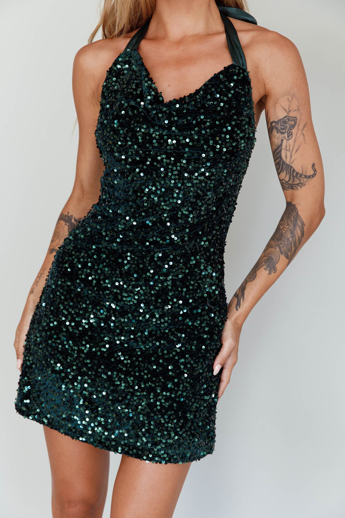 Star Lights Halterneck Mini Dress Sequin Emerald-Maymioy