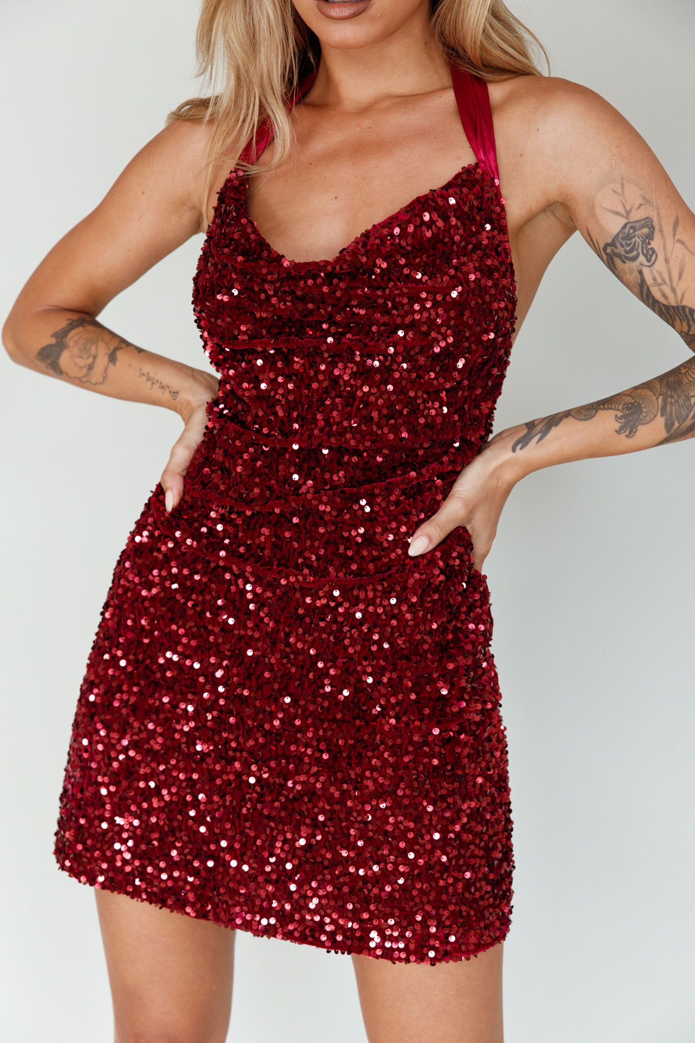 Star Lights Halterneck Mini Dress Sequin Merlot-Maymioy