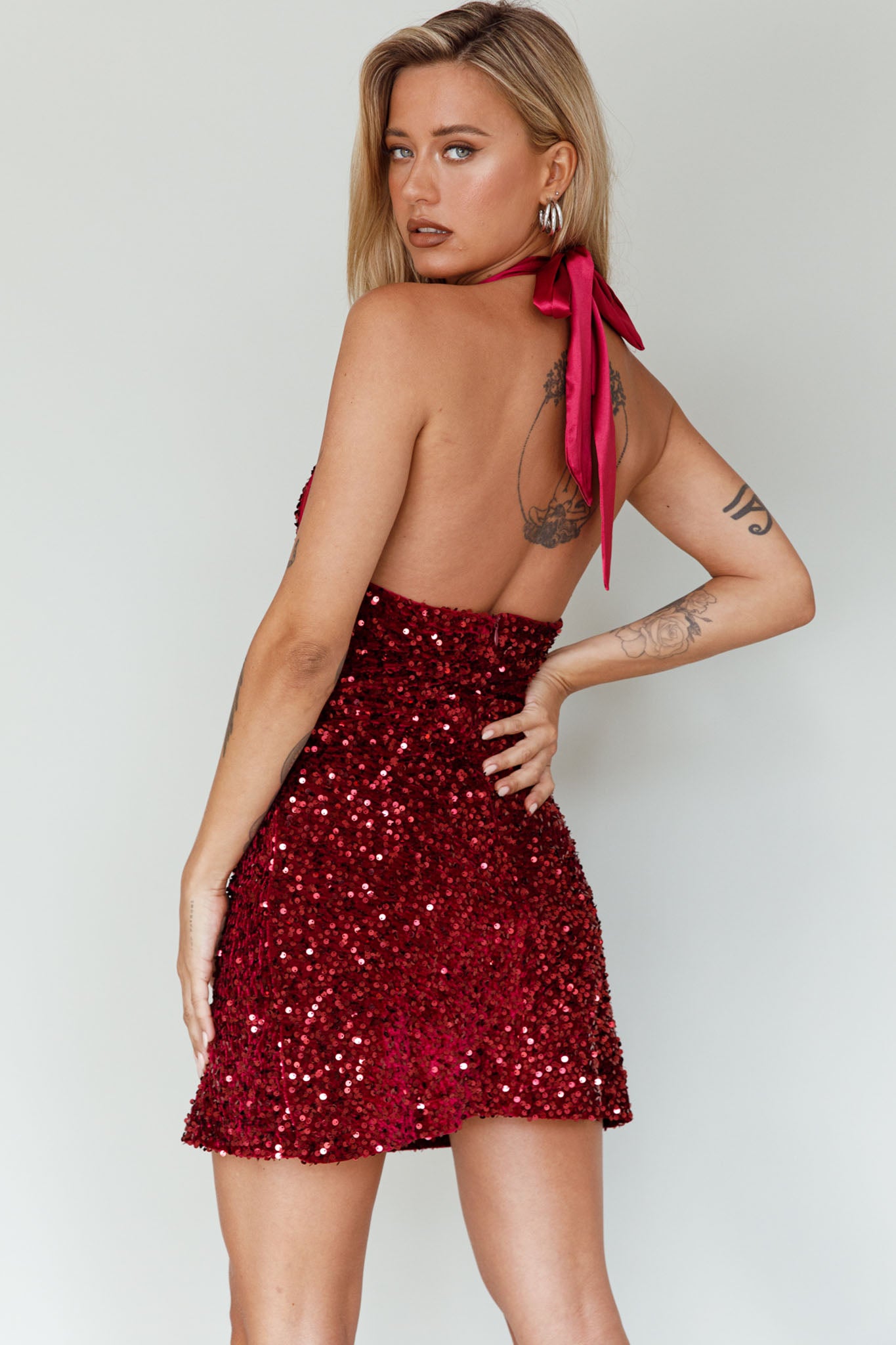 Star Lights Halterneck Mini Dress Sequin Merlot-Maymioy