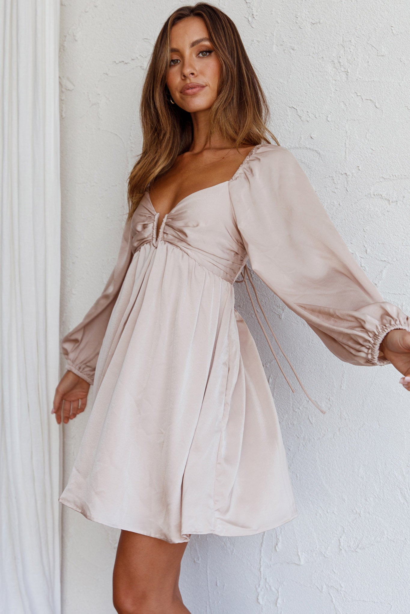 Tansy Long Sleeve Babydoll Dress Beige-Maymioy