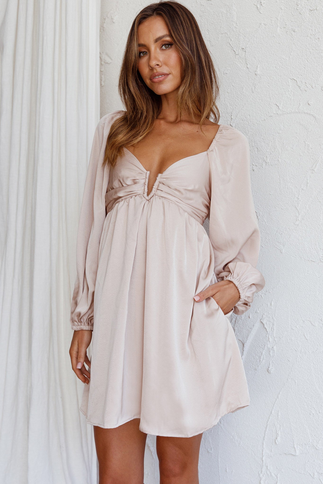 Tansy Long Sleeve Babydoll Dress Beige-Maymioy