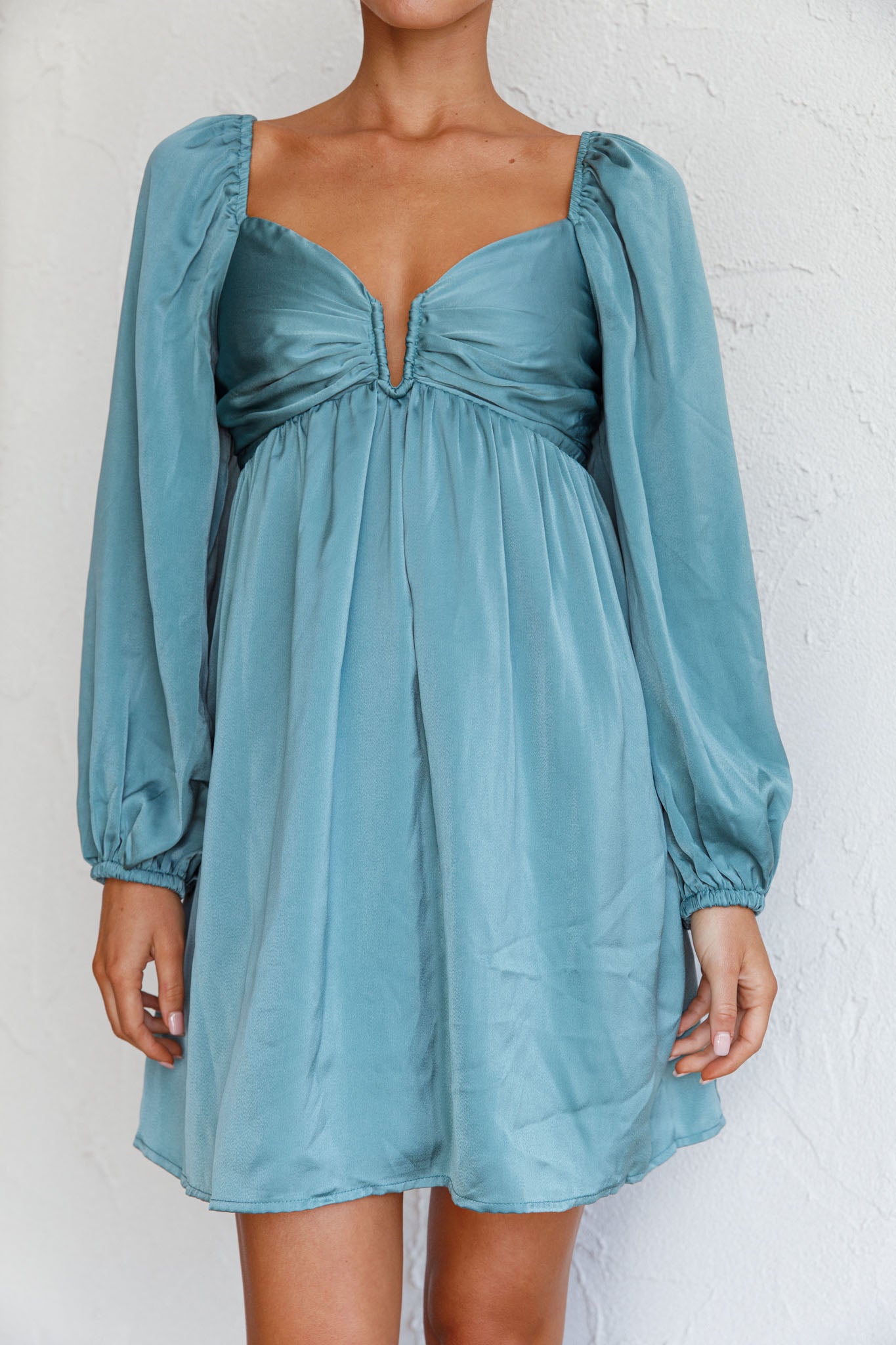 Tansy Long Sleeve Babydoll Dress Teal-Maymioy