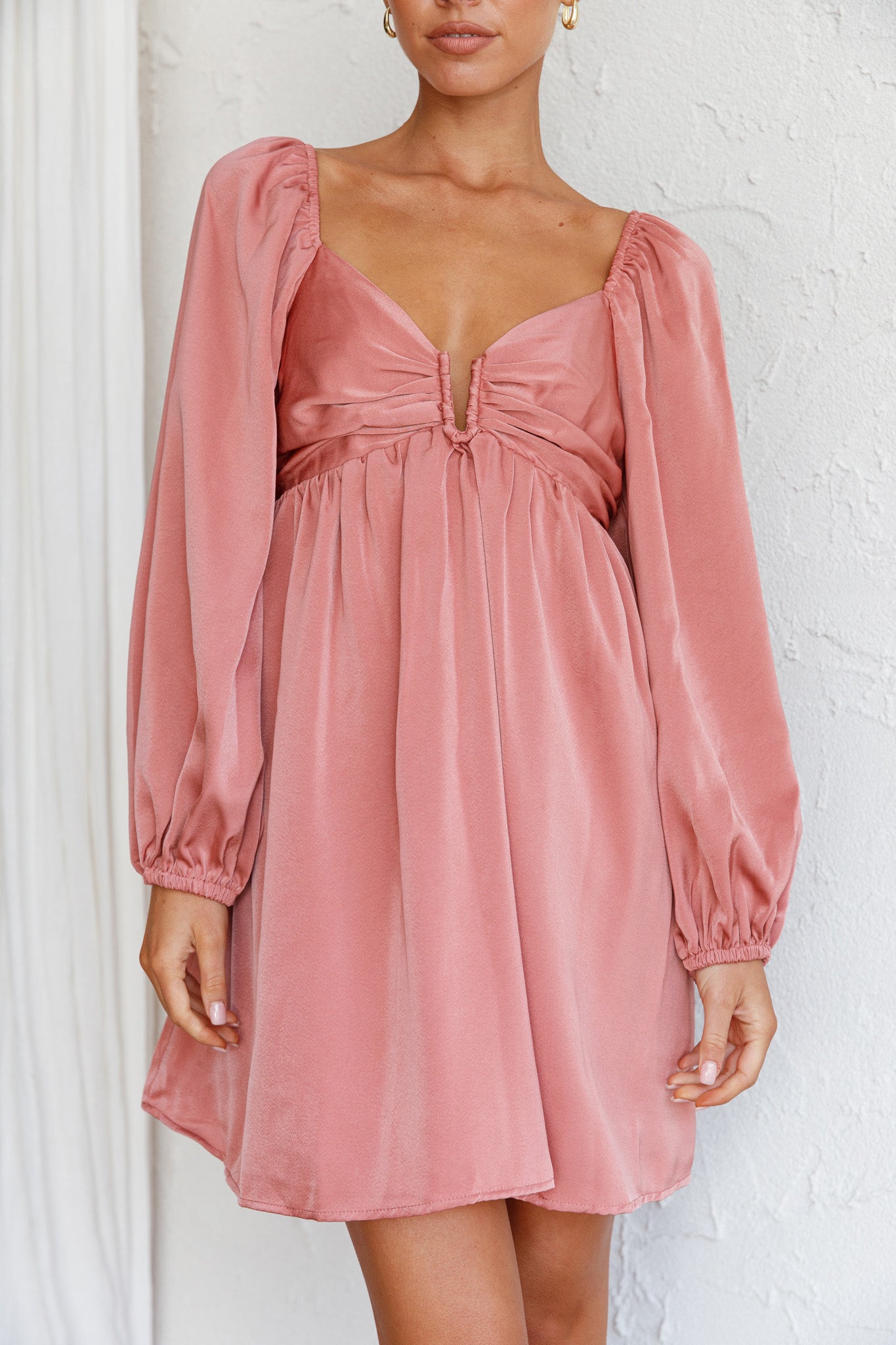 Tansy Long Sleeve Babydoll Dress Rose-Maymioy