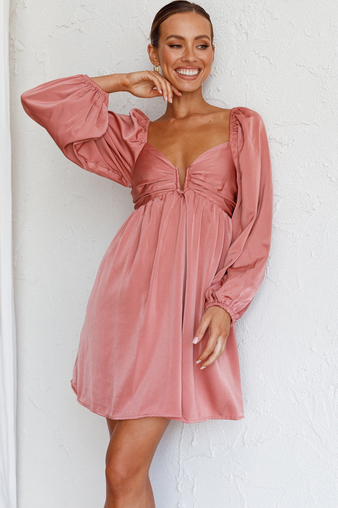 Tansy Long Sleeve Babydoll Dress Rose-Maymioy