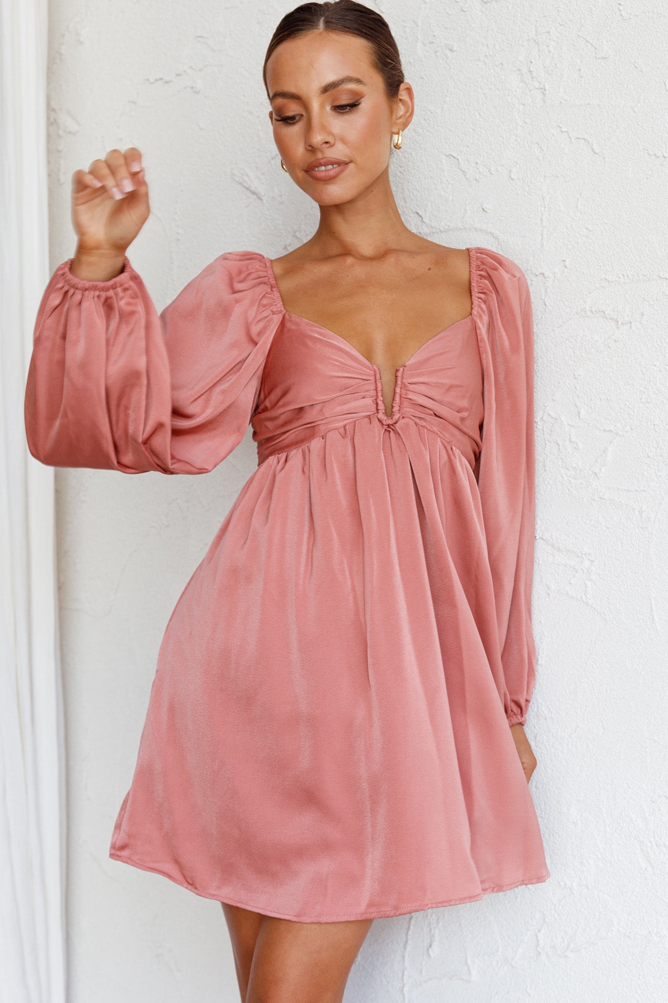 Tansy Long Sleeve Babydoll Dress Rose-Maymioy