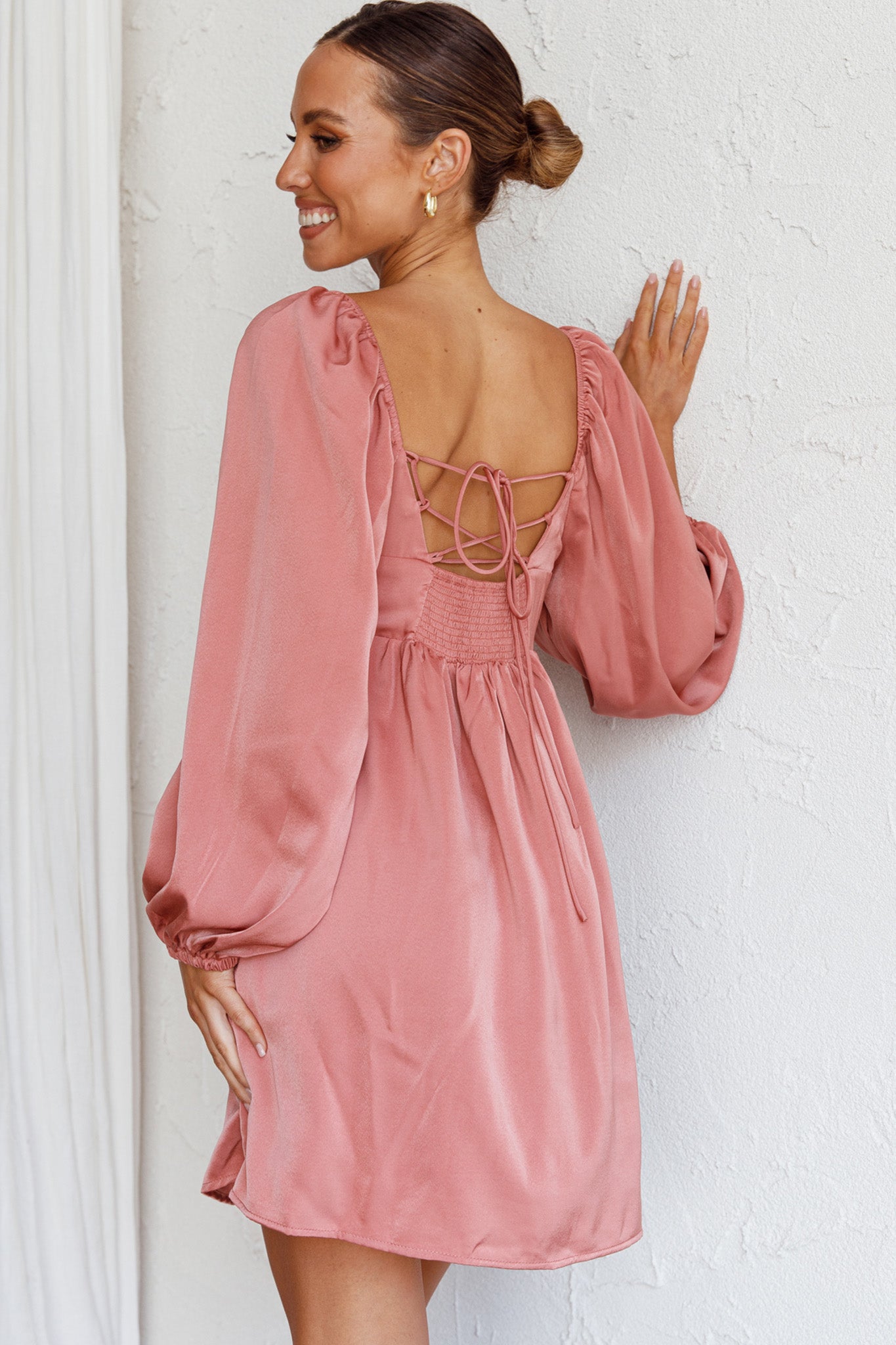 Tansy Long Sleeve Babydoll Dress Rose-Maymioy