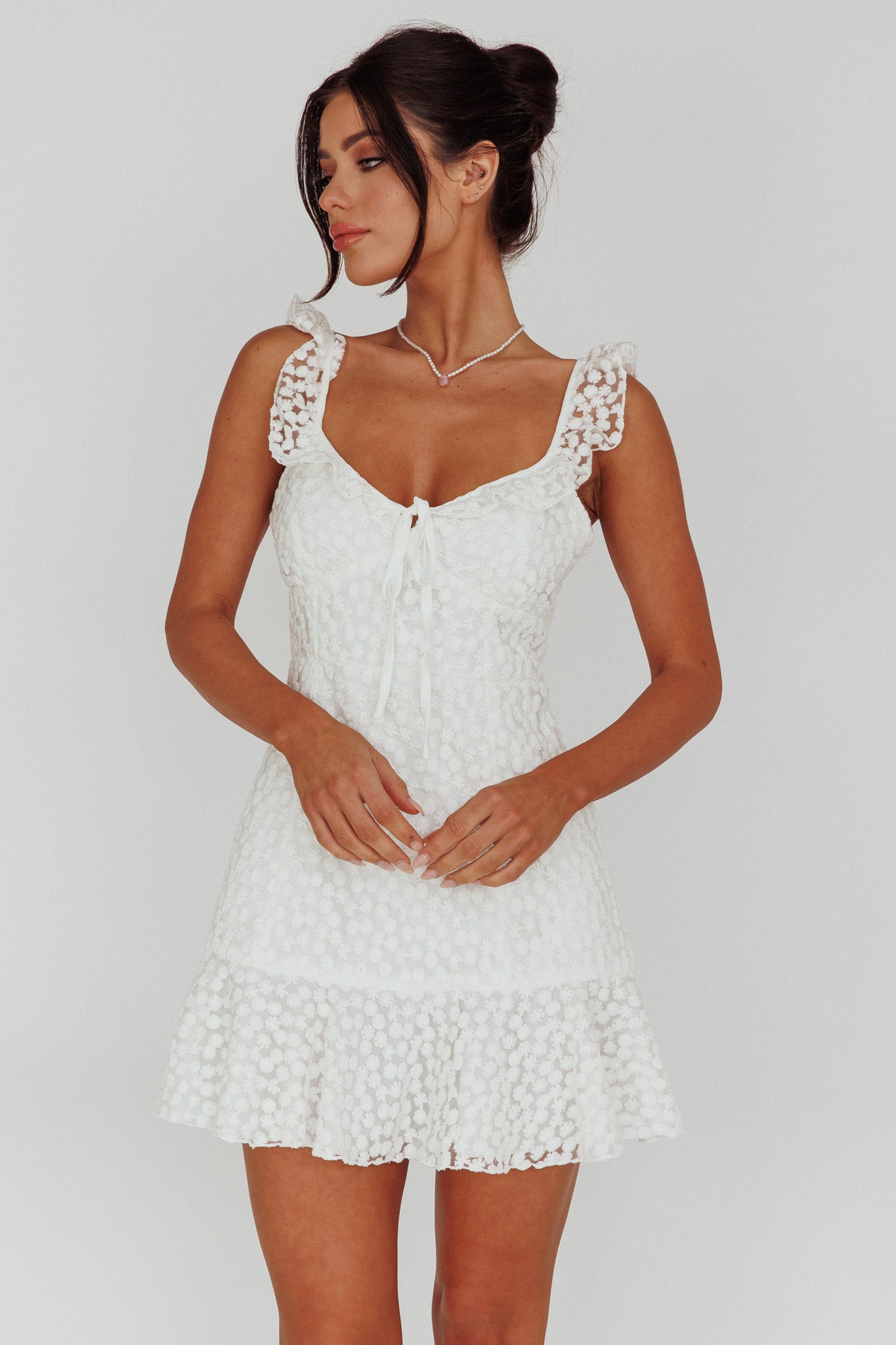 Shenay Ruffle Strap Embroidered Mini Dress White-Maymioy