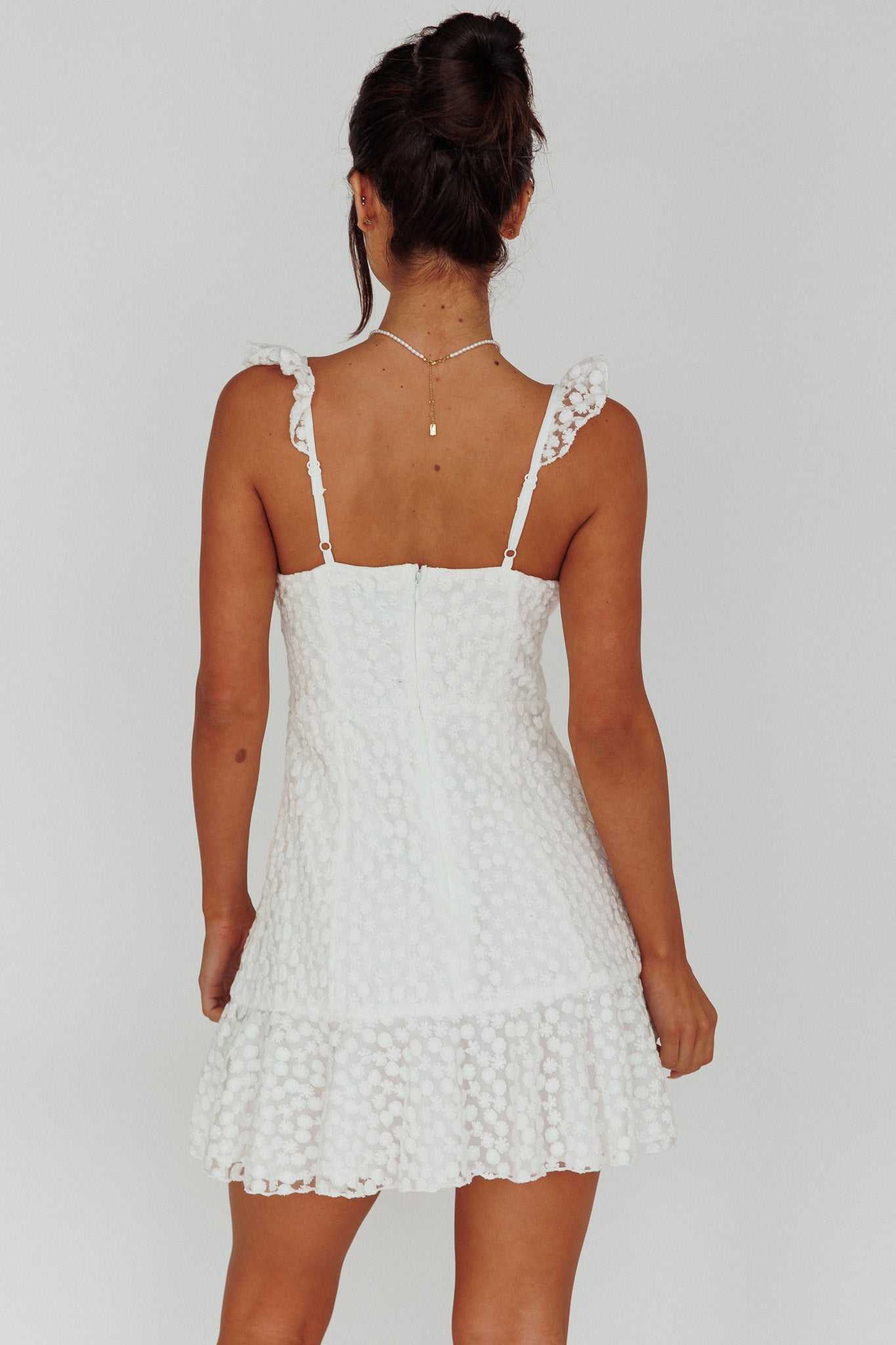Shenay Ruffle Strap Embroidered Mini Dress White-Maymioy