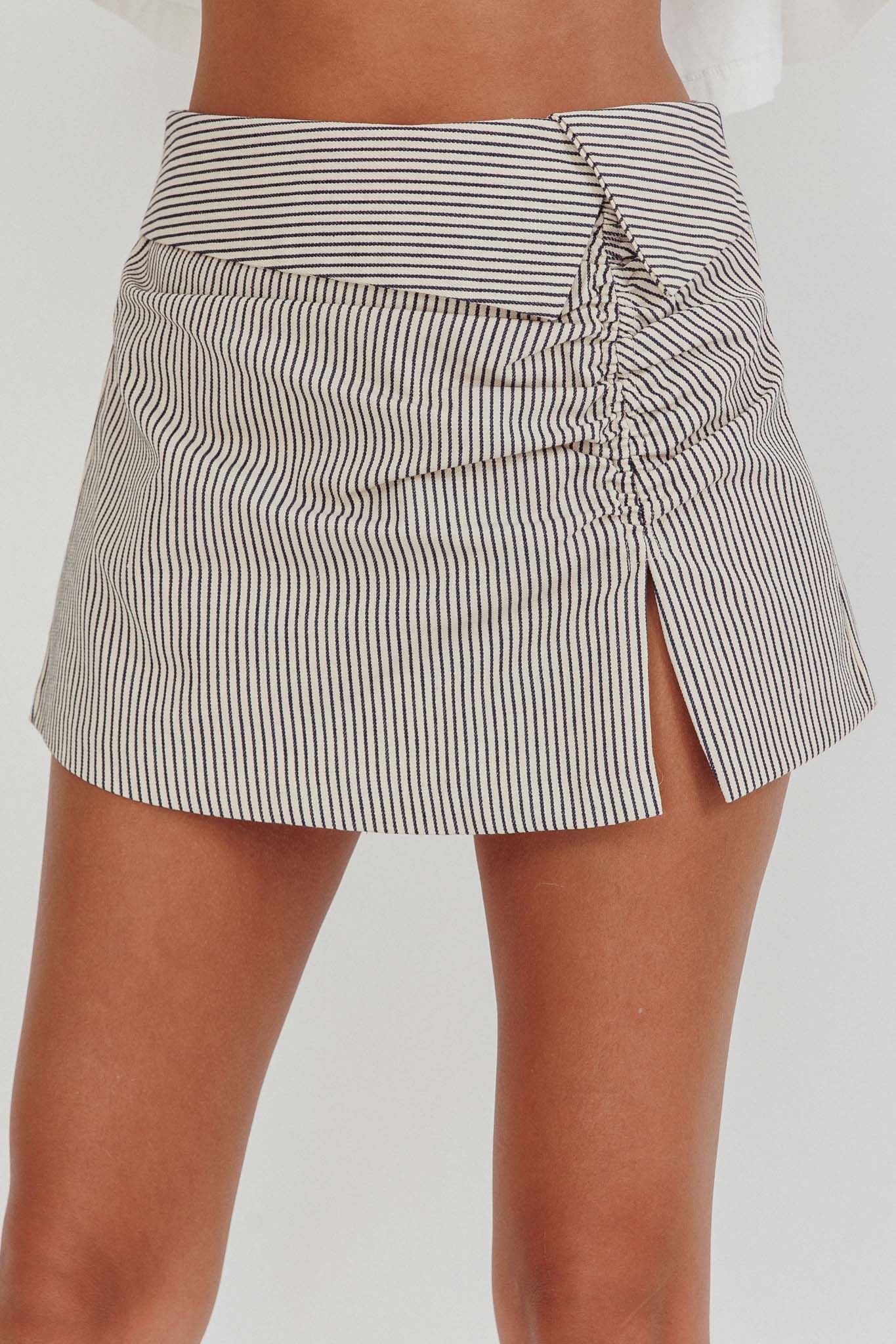 Dariah Foldover Slit Mini Skirt Stripe Linen-Maymioy