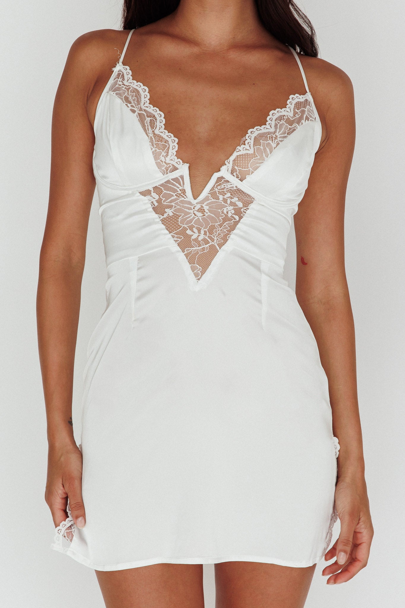 Make Me Blush Lace Trim Mini Dress White-Maymioy
