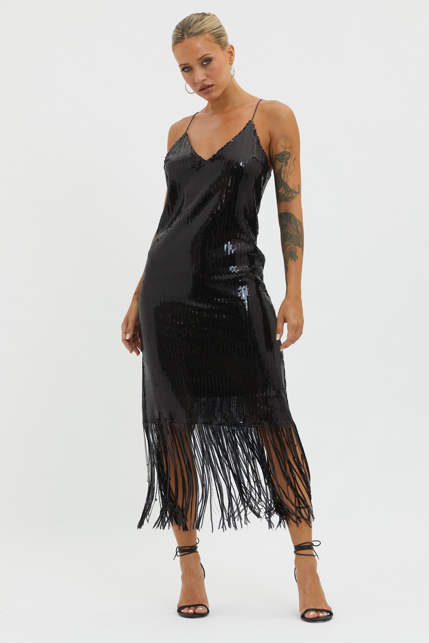 Halo Moon Sequin Fringe Midi Dress Black-Maymioy