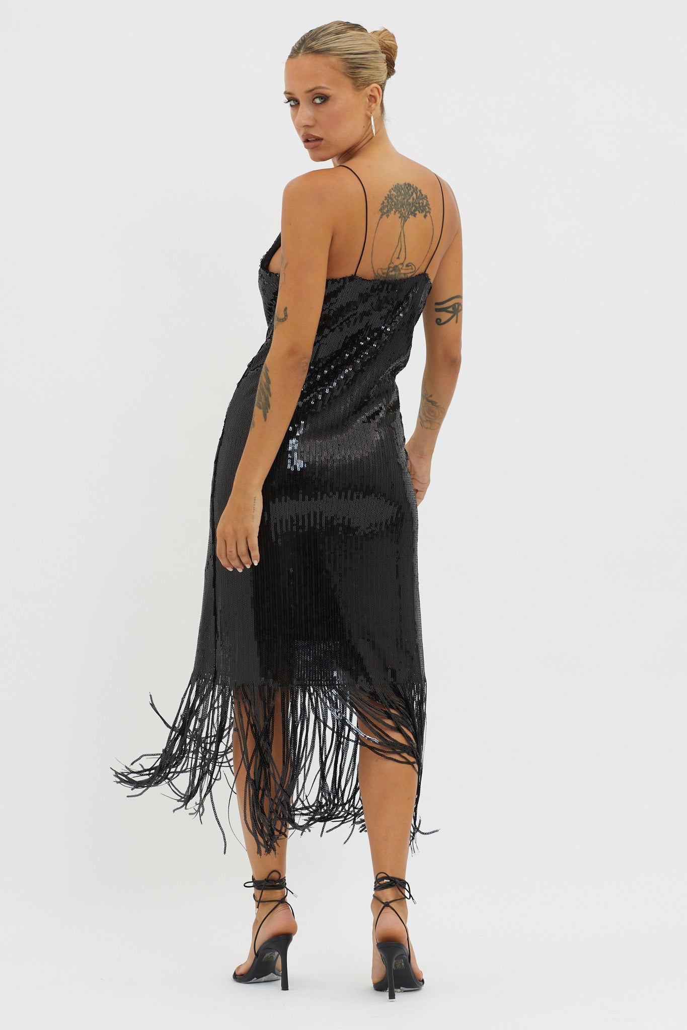 Halo Moon Sequin Fringe Midi Dress Black-Maymioy