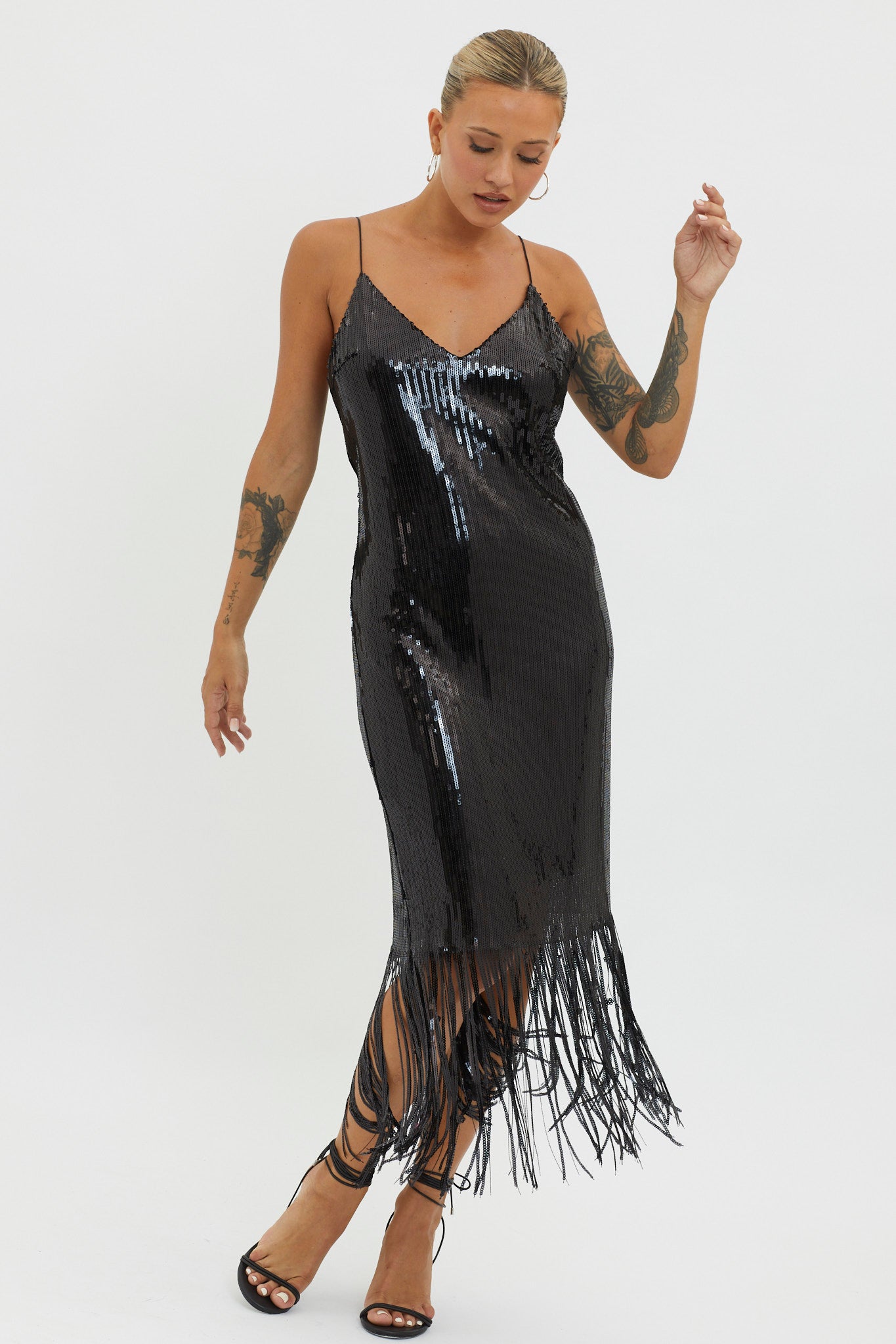 Halo Moon Sequin Fringe Midi Dress Black-Maymioy